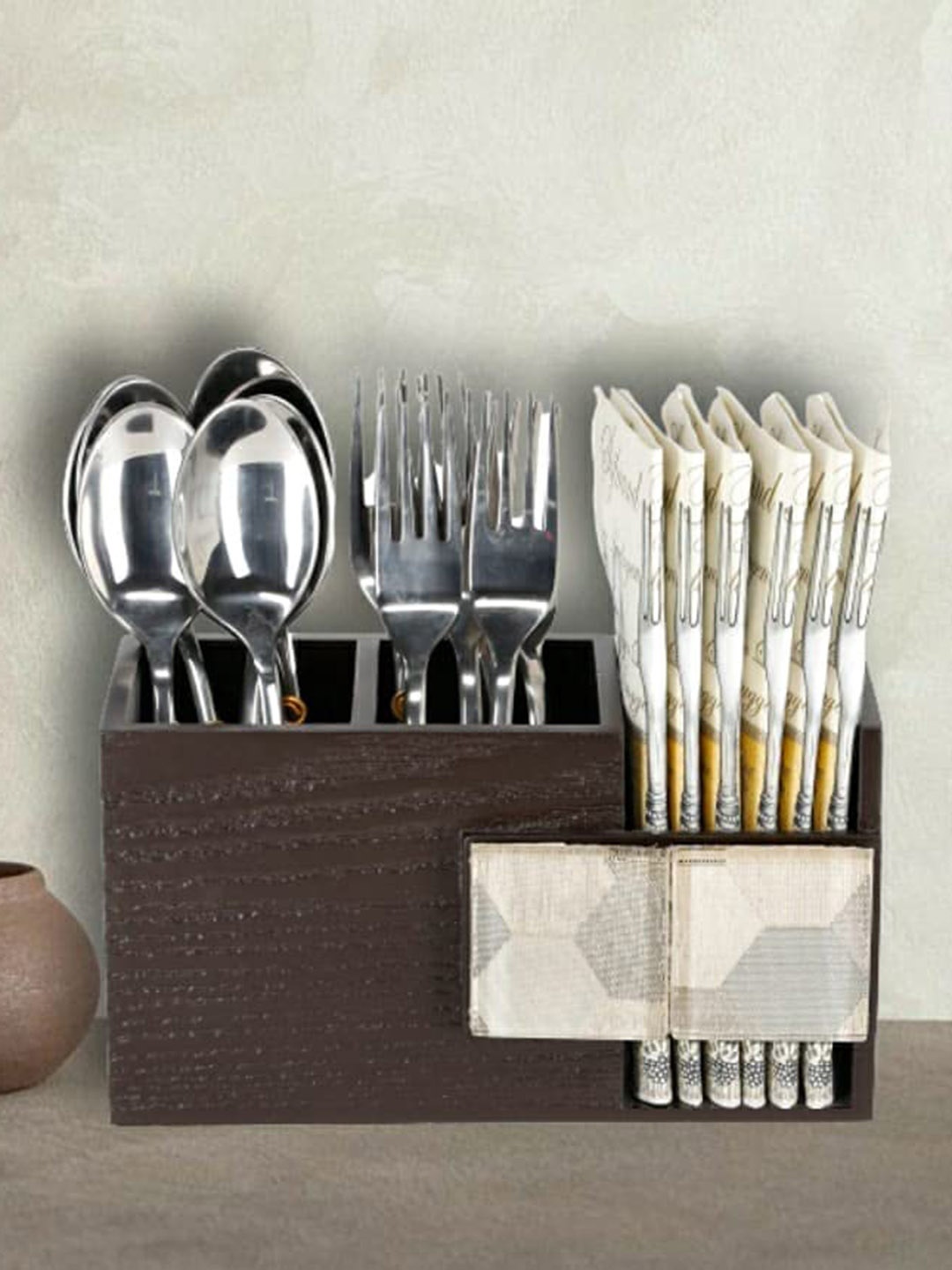 

COCKTAIL Brown Textured 3 Sections Wooden Cutlery Holder