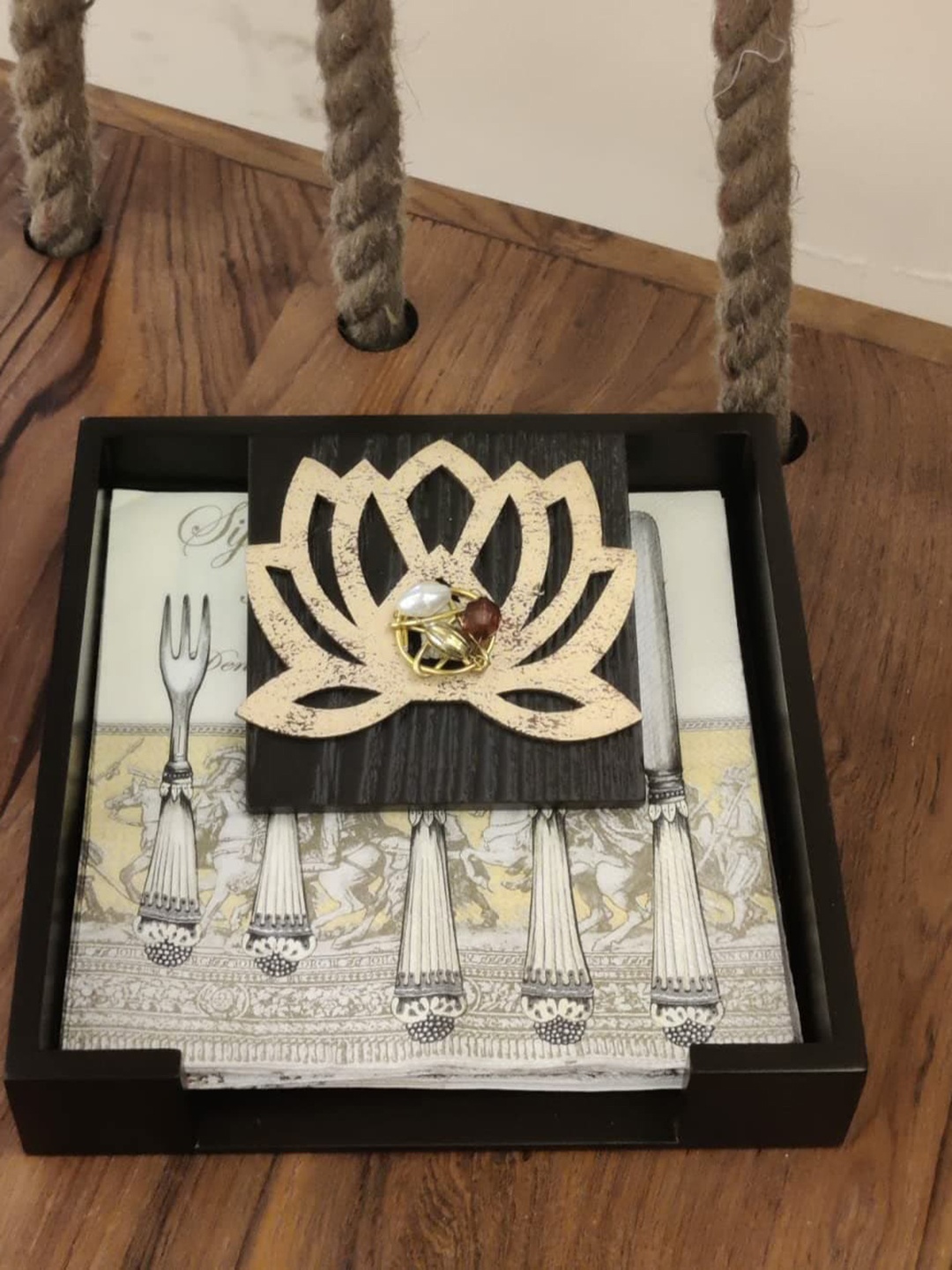 

COCKTAIL Brown Lotus Pattern Wooden Napkin or Tissue Paper Holder