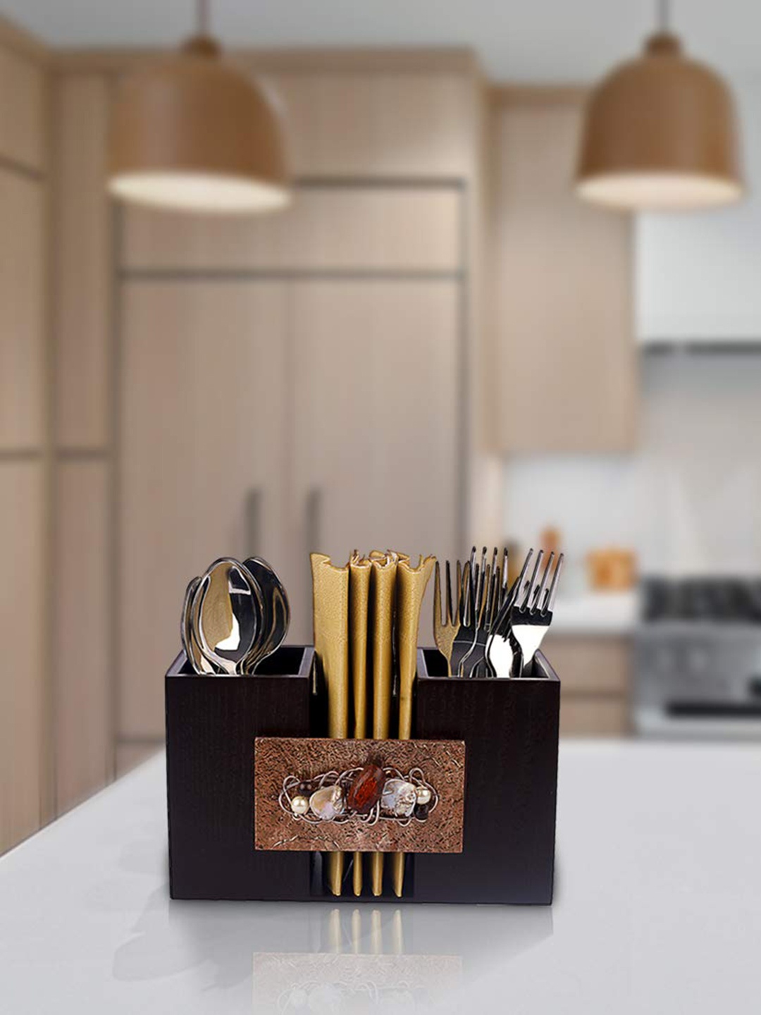 

COCKTAIL Brown Embellished & Textured 2 In 1 Wooden Cutlery or Napkins Holder