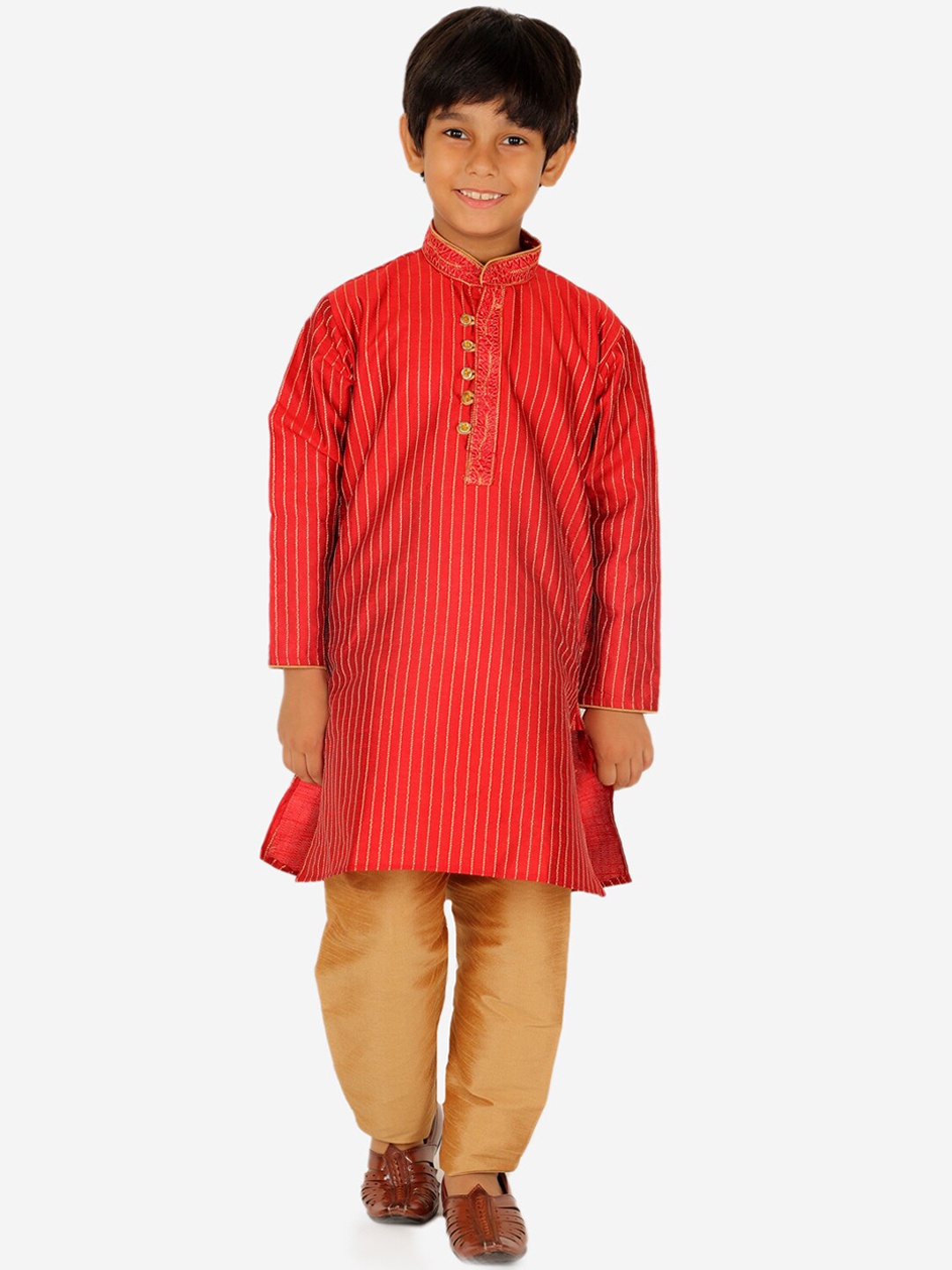 

Pro-Ethic STYLE DEVELOPER Boys Striped Thread Work Straight Kurta with Pyjamas, Red