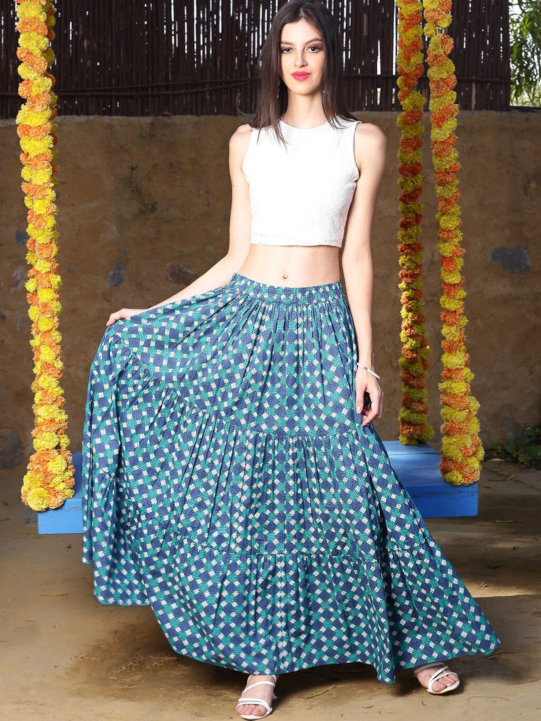 

Sera Geometric Printed Tiered Maxi Skirt, Blue