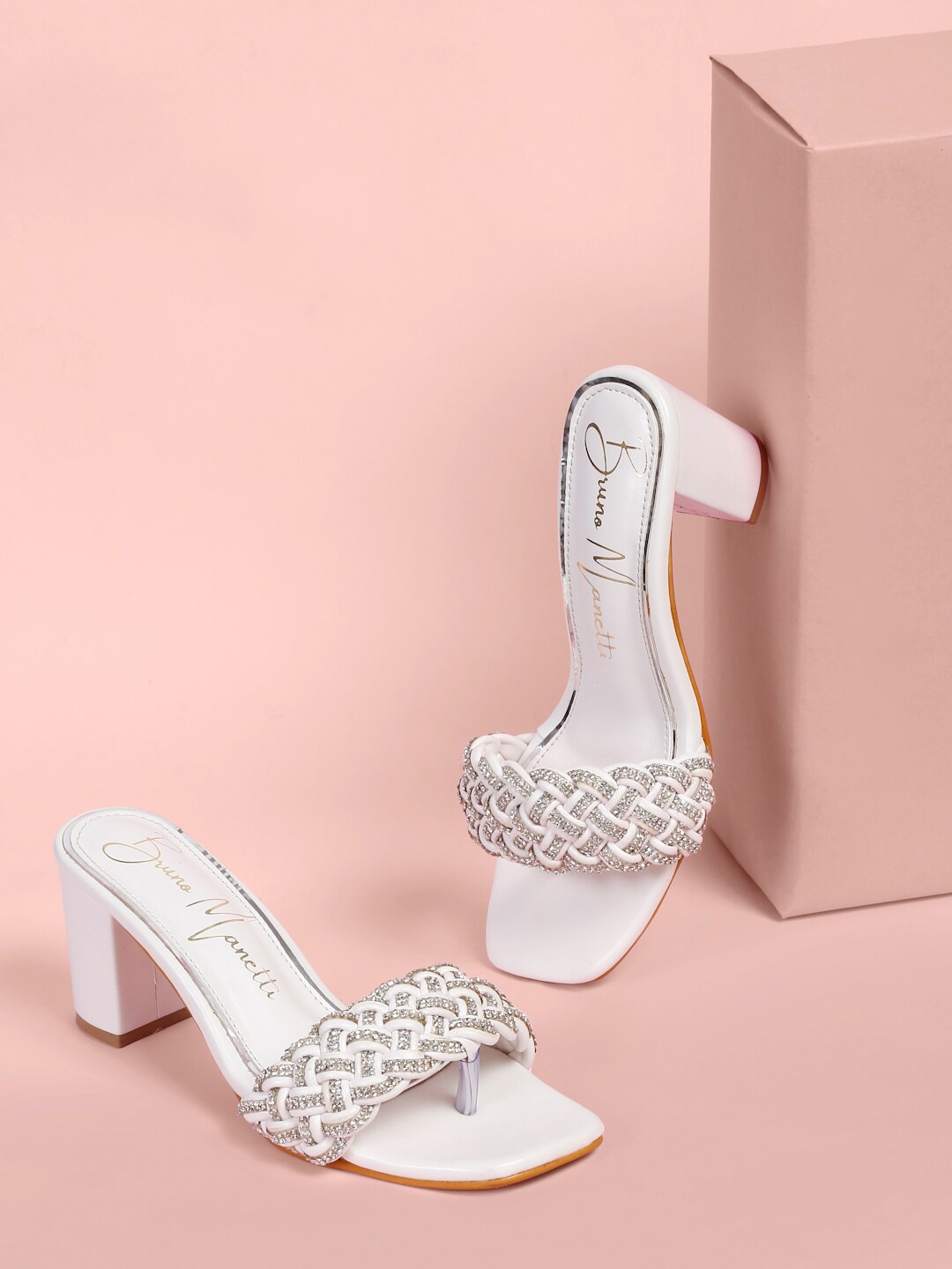 

Bruno Manetti Embellished Open Toe Block Heels, White