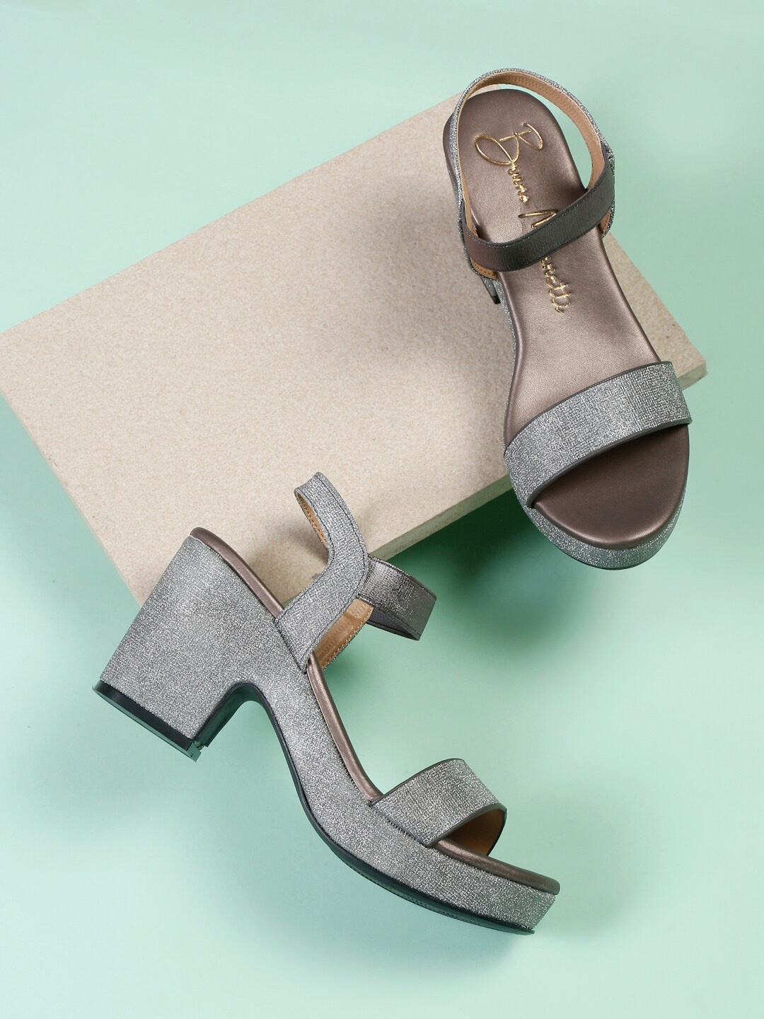 

Bruno Manetti Textured Open Toe Block Heels With Backstrap, Grey