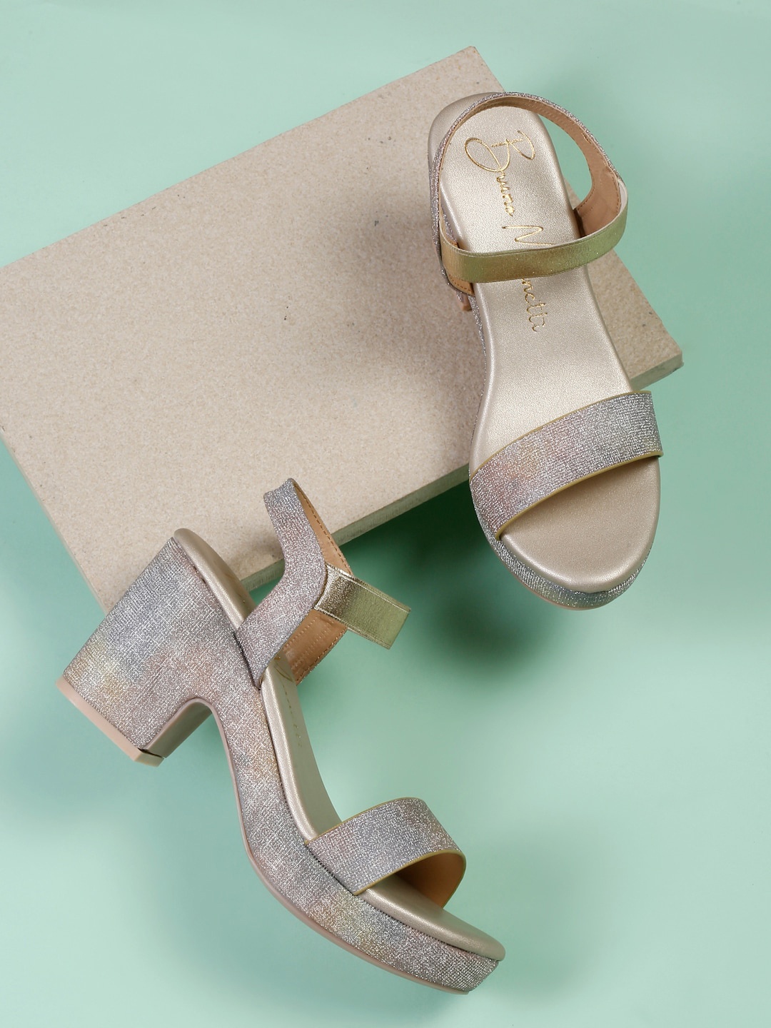 

Bruno Manetti Textured Open Toe Block Heels With Backstrap, Gold