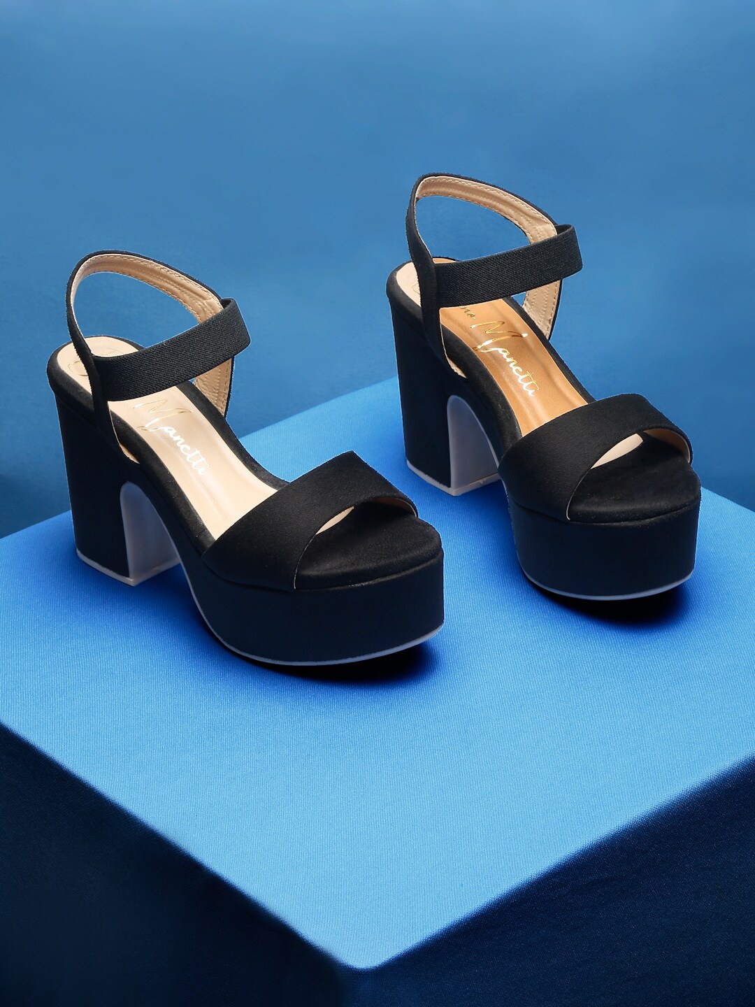 

Bruno Manetti Suede Open Toe Block Heels, Black