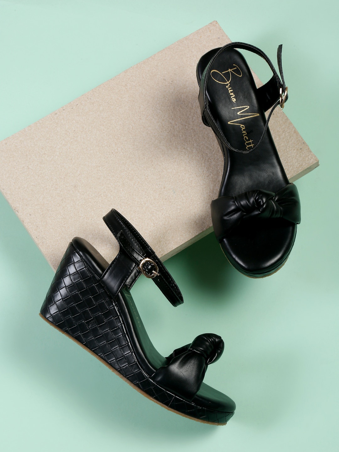 

Bruno Manetti Textured Open Toe Wedges With Bows, Black