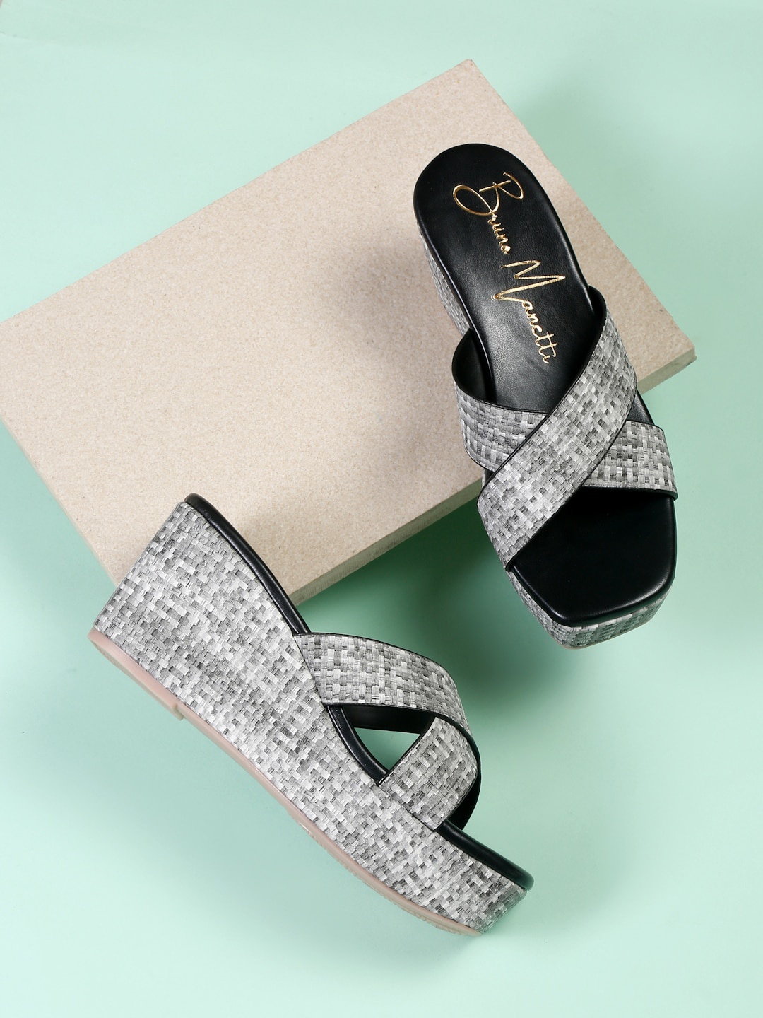 

Bruno Manetti Printed Open Toe Wedges, Black