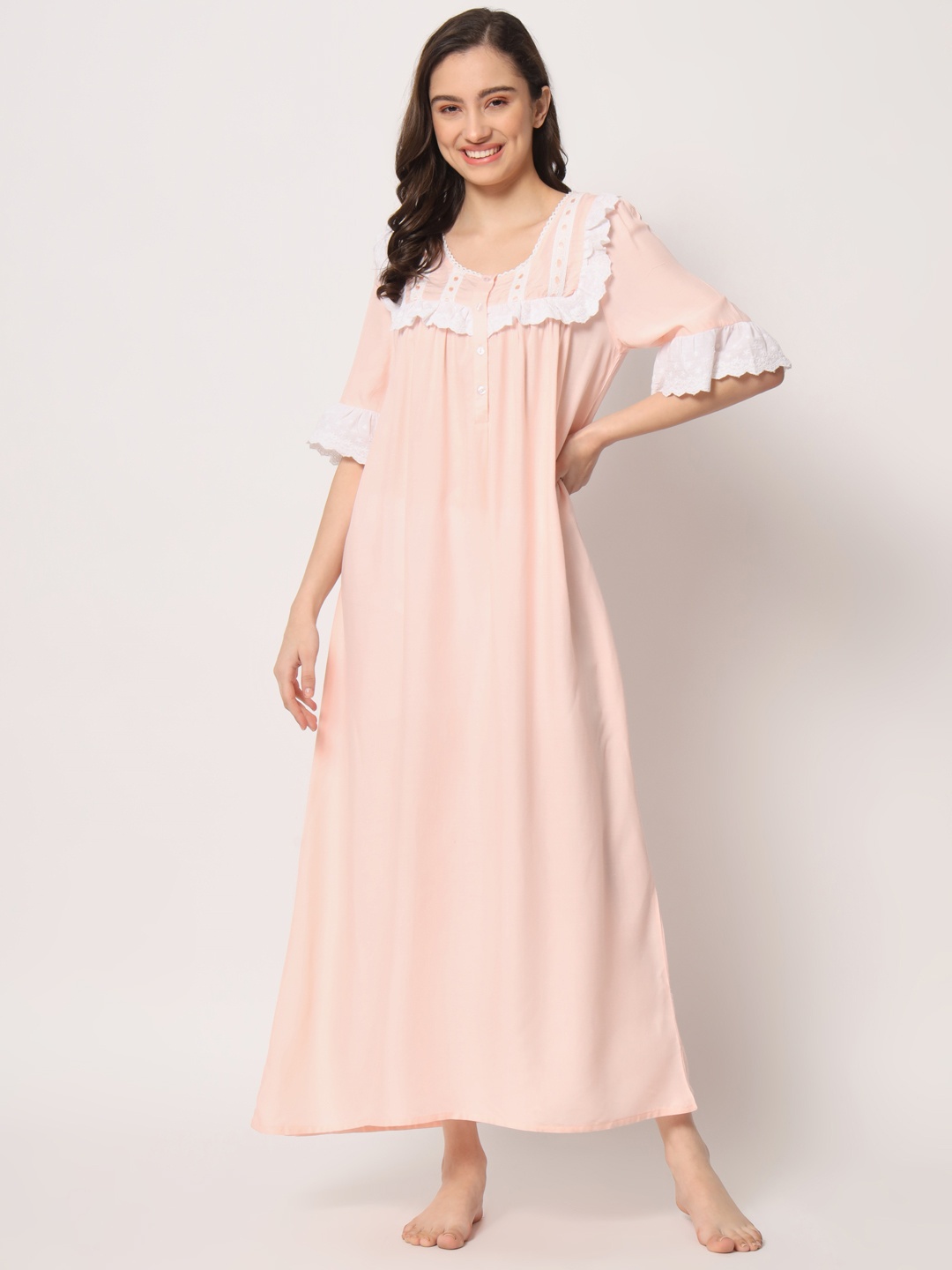 

HERE&NOW Round Neck Ruffles Nightdress, Peach