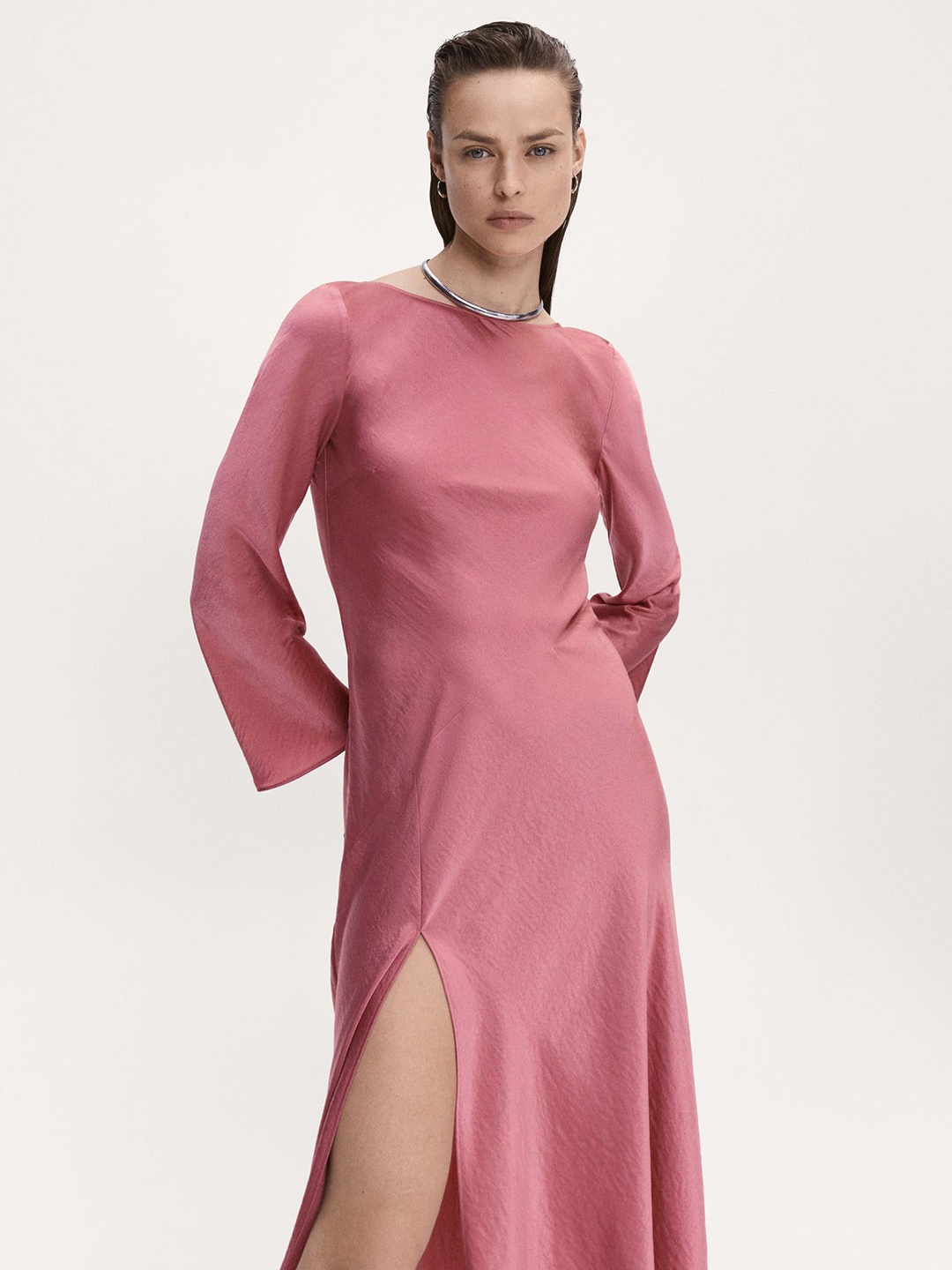 

MANGO Boat Neck Flared Sleeves Satin A-Line Maxi Dress, Rose