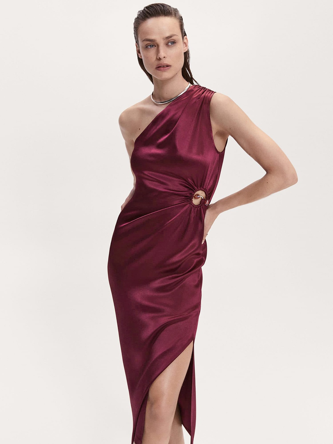 

MANGO Asymmetric Neck Satin A-Line Midi Dress With Stone Detail, Burgundy