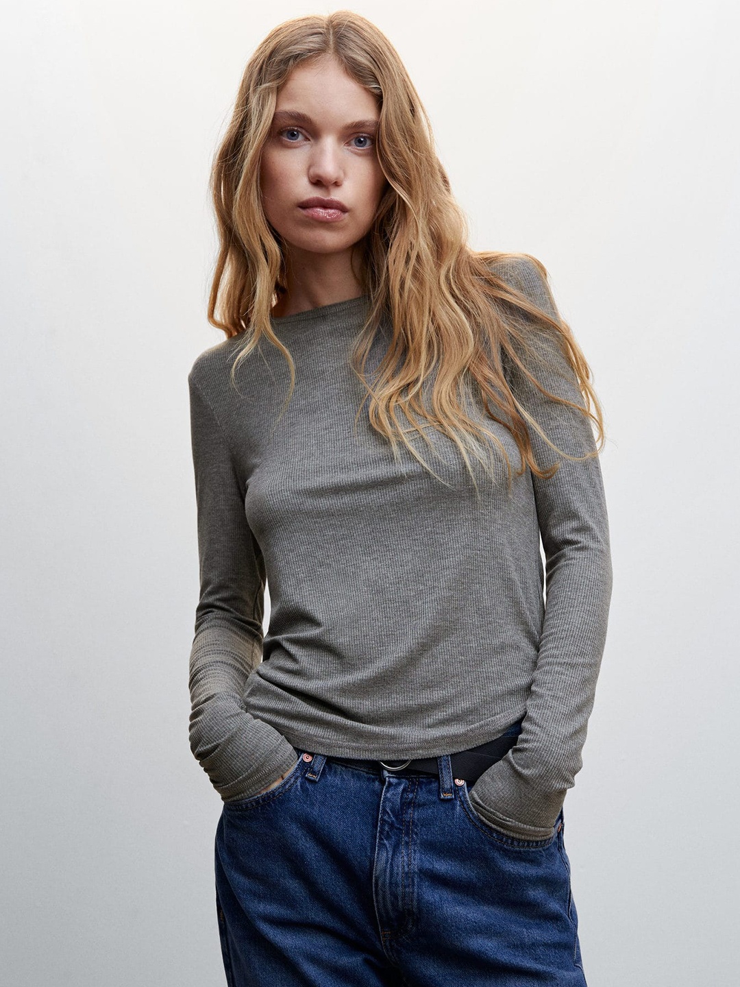 

MANGO Ribbed Long Sleeves Sustainable T-shirt, Grey
