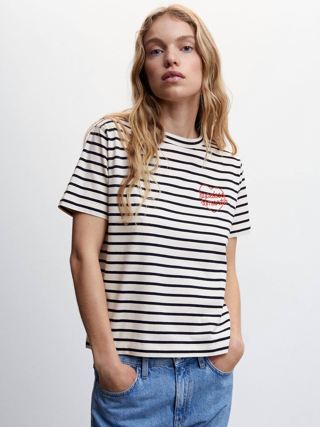 

MANGO Striped Regular Fit T-shirt, Cream