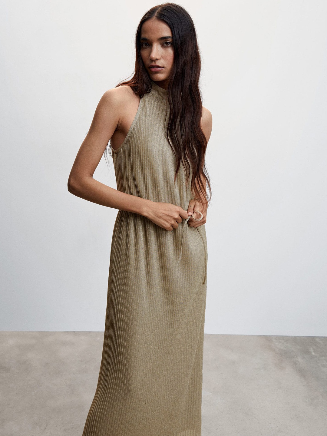 

MANGO A-Line Midi Dress with Belt, Beige