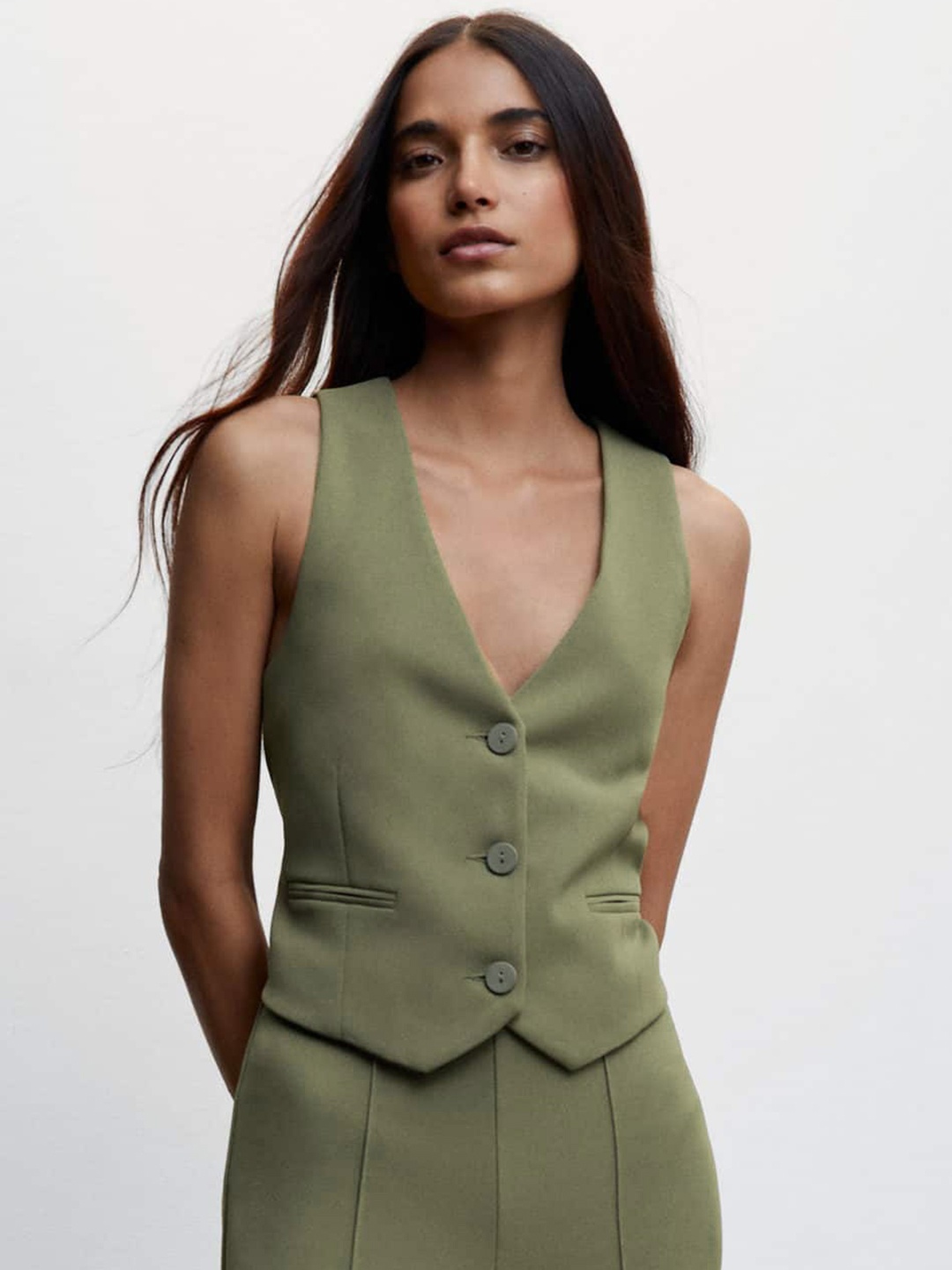 

MANGO Solid Sustainable Crop Waistcoat, Olive