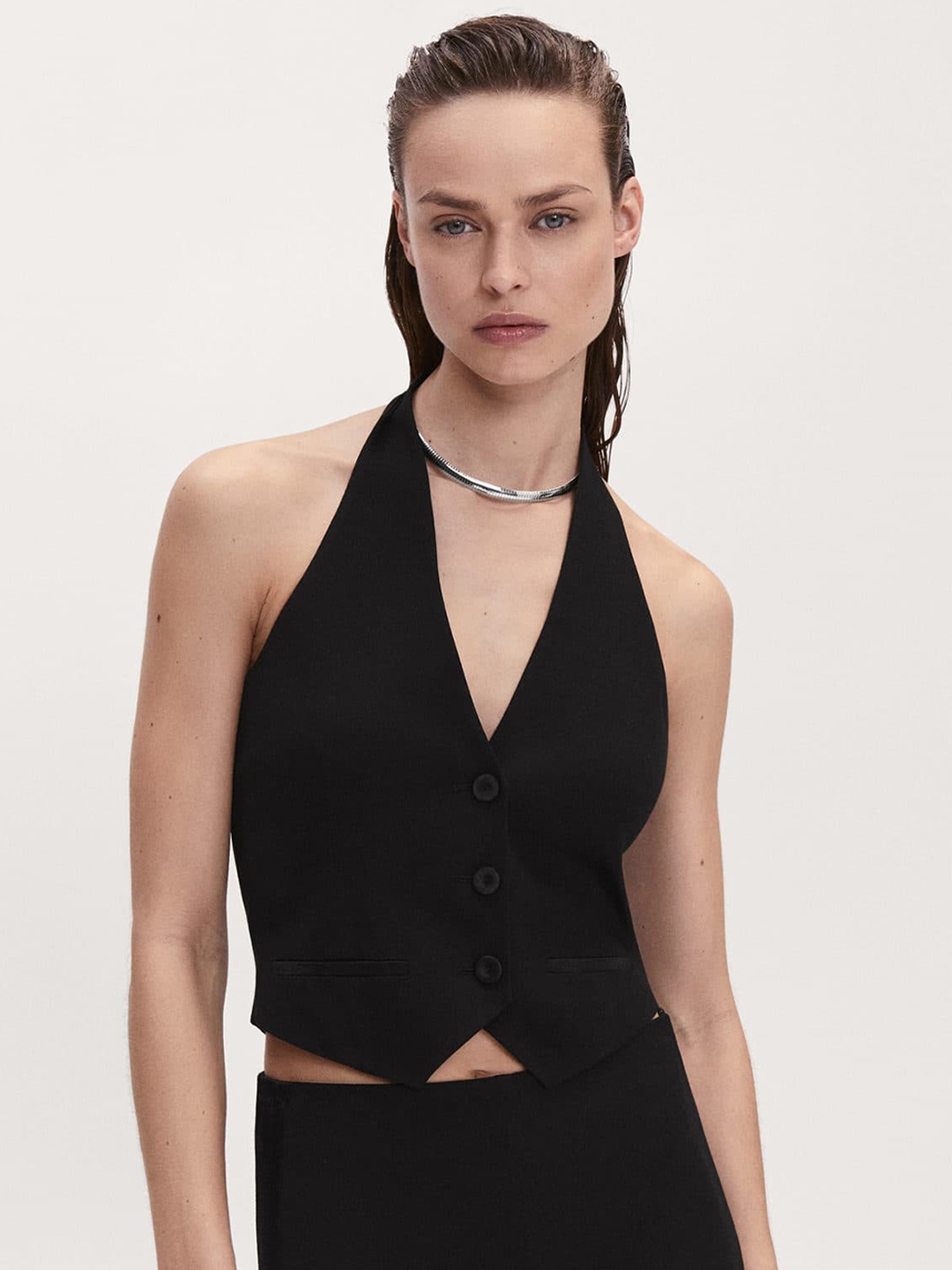 

MANGO Women Woven Sustainable Crop Waistcoat, Black