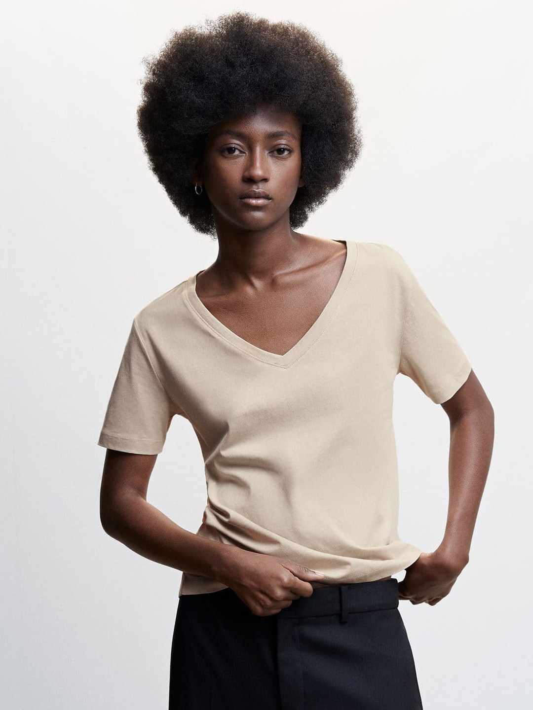 

MANGO V-Neck Sustainable Pure Cotton T-shirt, Beige