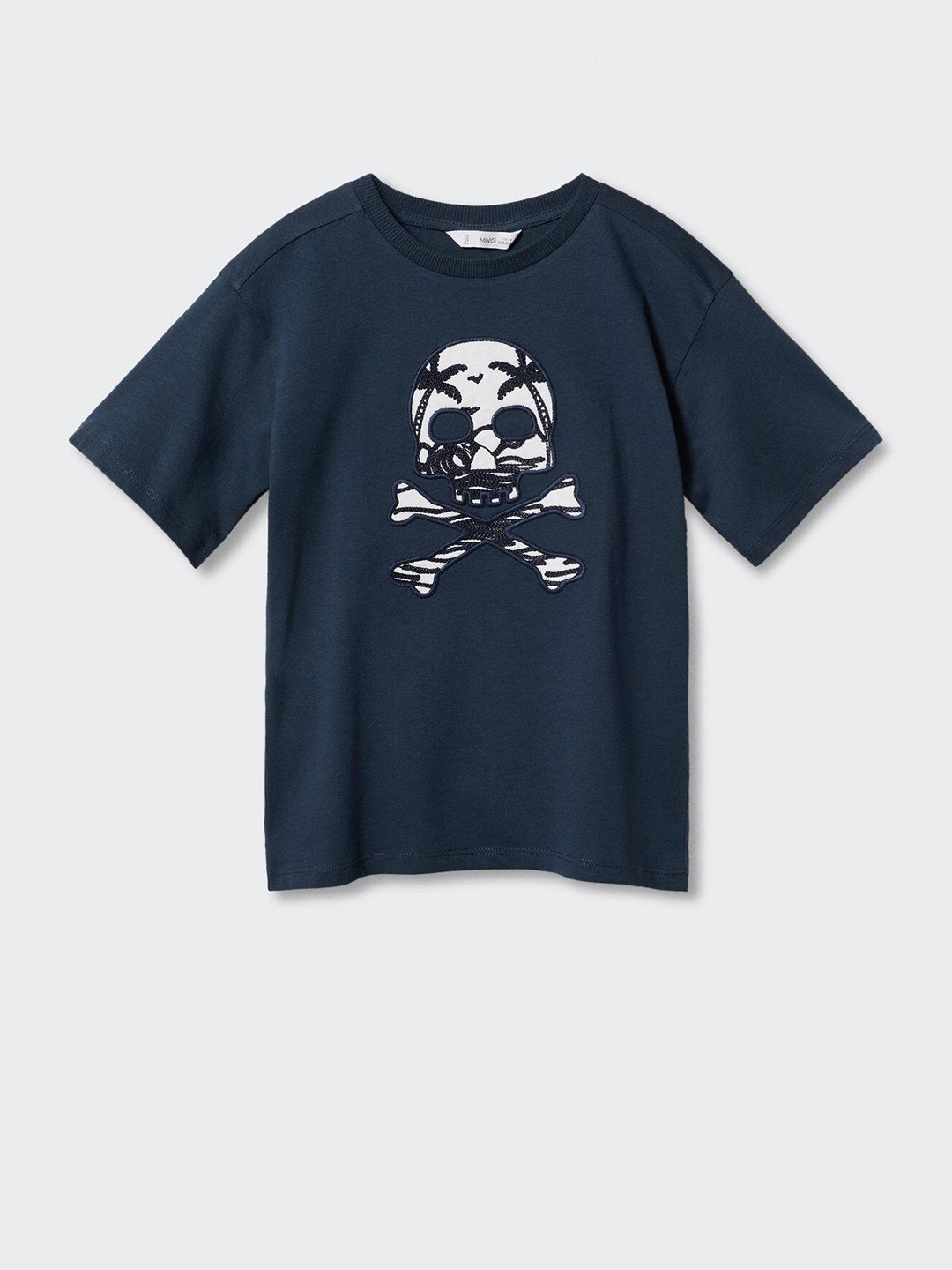 

Mango Kids Boys Pure Cotton Drop-Shoulder Sleeves Applique T-shirt, Navy blue