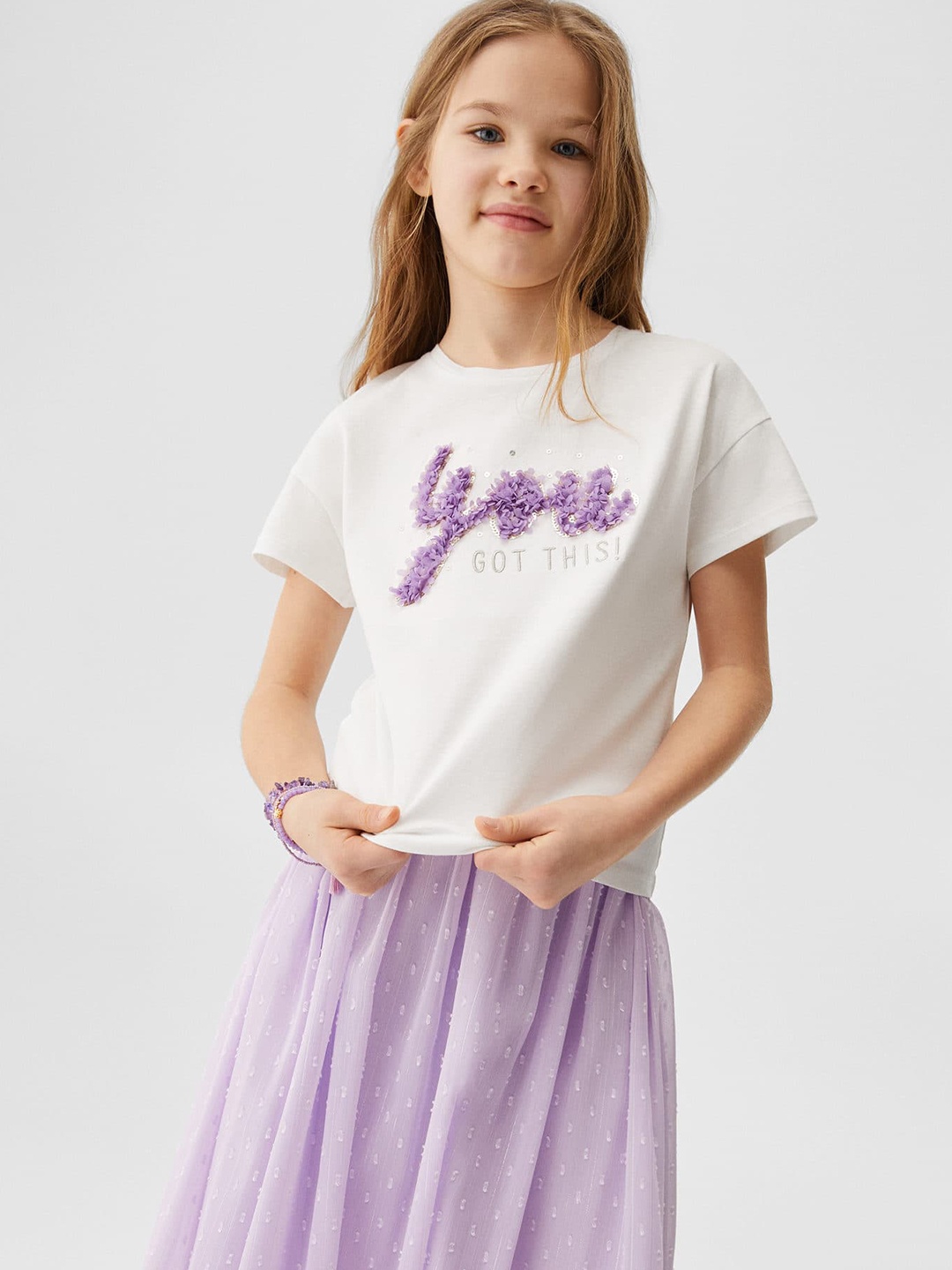 

Mango Kids Girls Pure Cotton Typography Drop-Shoulder Sleeves T-shirt, White