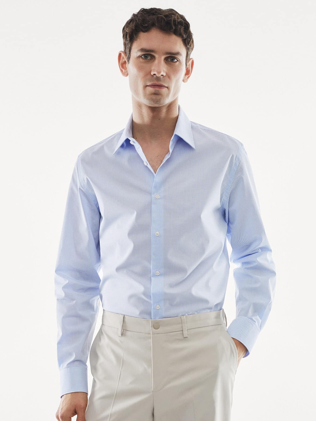

MANGO MAN Easy Care Slim Fit Micro Checked Formal Shirt, White