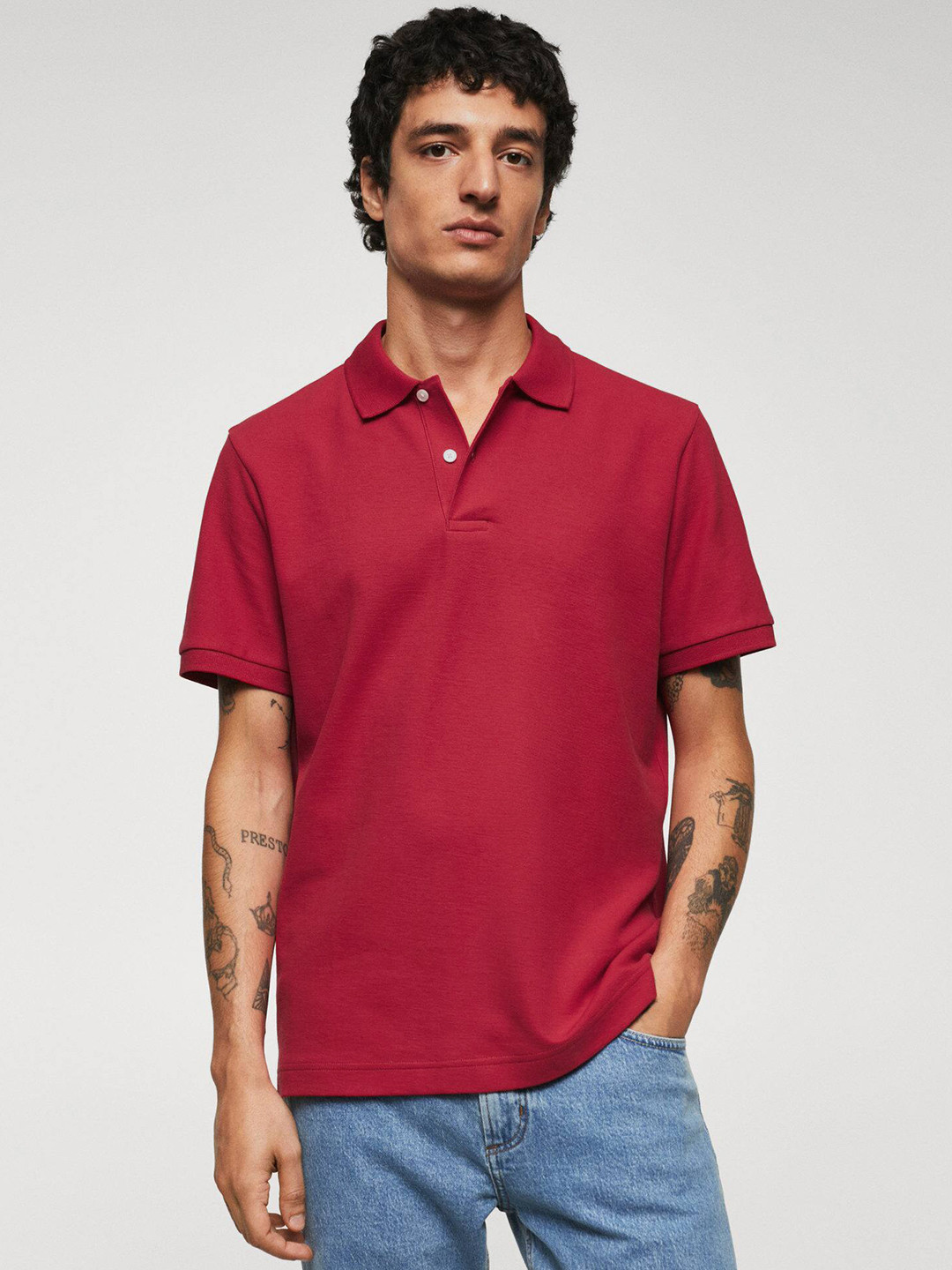 

MANGO MAN Solid Polo Collar Cotton Linen T-shirt, Red