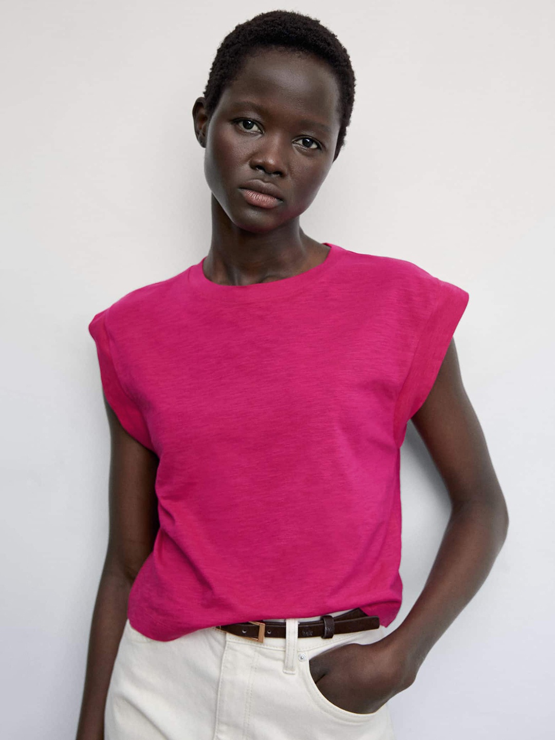 

MANGO Extended Sleeves Cotton T-shirt, Fuchsia