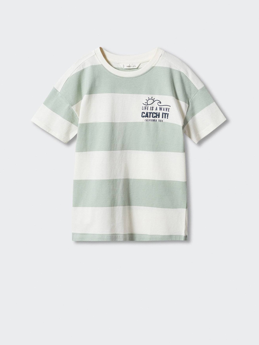 

Mango Kids Boys Pure Cotton Striped Drop-Shoulder Sleeves Sustainable T-shirt, Green