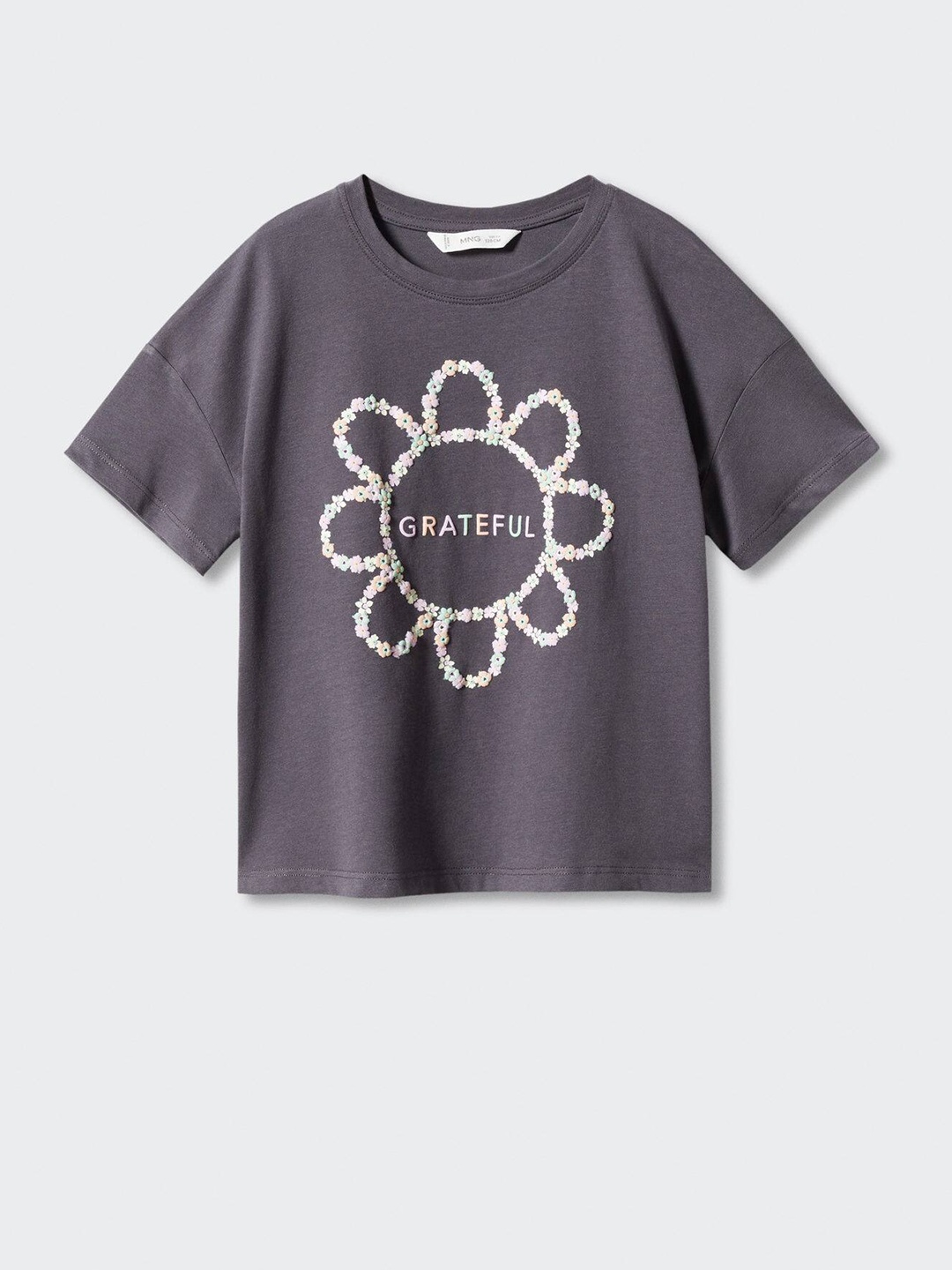

Mango Kids Girls Pure Cotton Floral Printed Drop-Shoulder Sleeves T-shirt, Charcoal