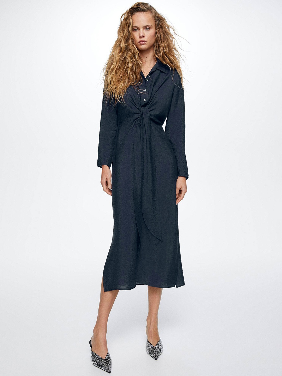 

MANGO Knot Detail Shirt A-Line Midi Dress, Navy blue