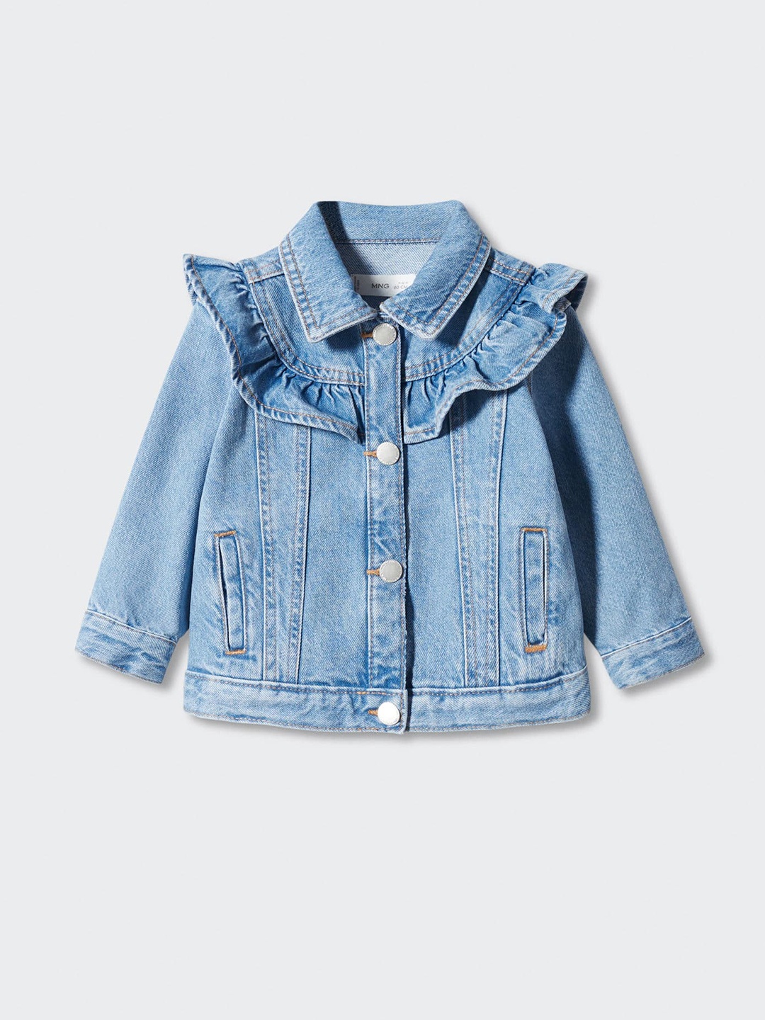 

Mango Kids Girls Washed Effect Pure Cotton Denim Jacket with Ruffled Detail, Blue