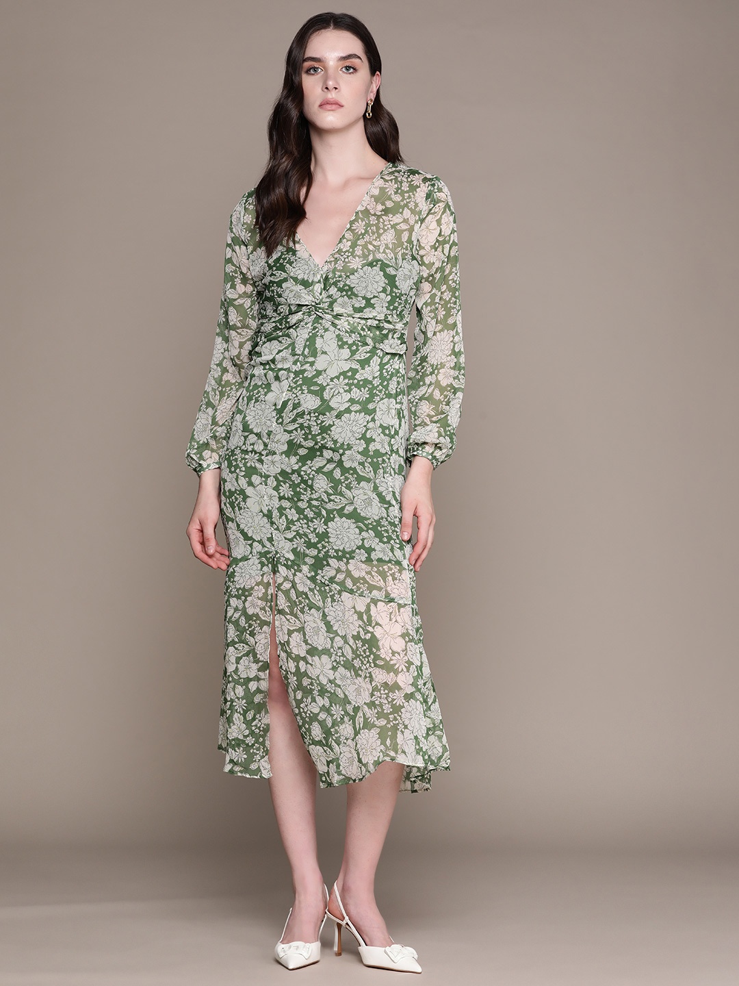 

MANGO Floral Print Twisted Detail A-Line Midi Dress, Green