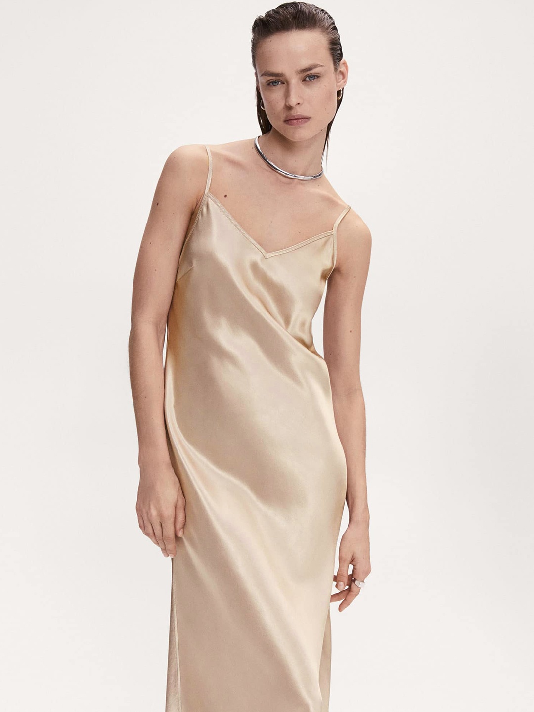 

MANGO Satin A-Line Midi Dress, Beige