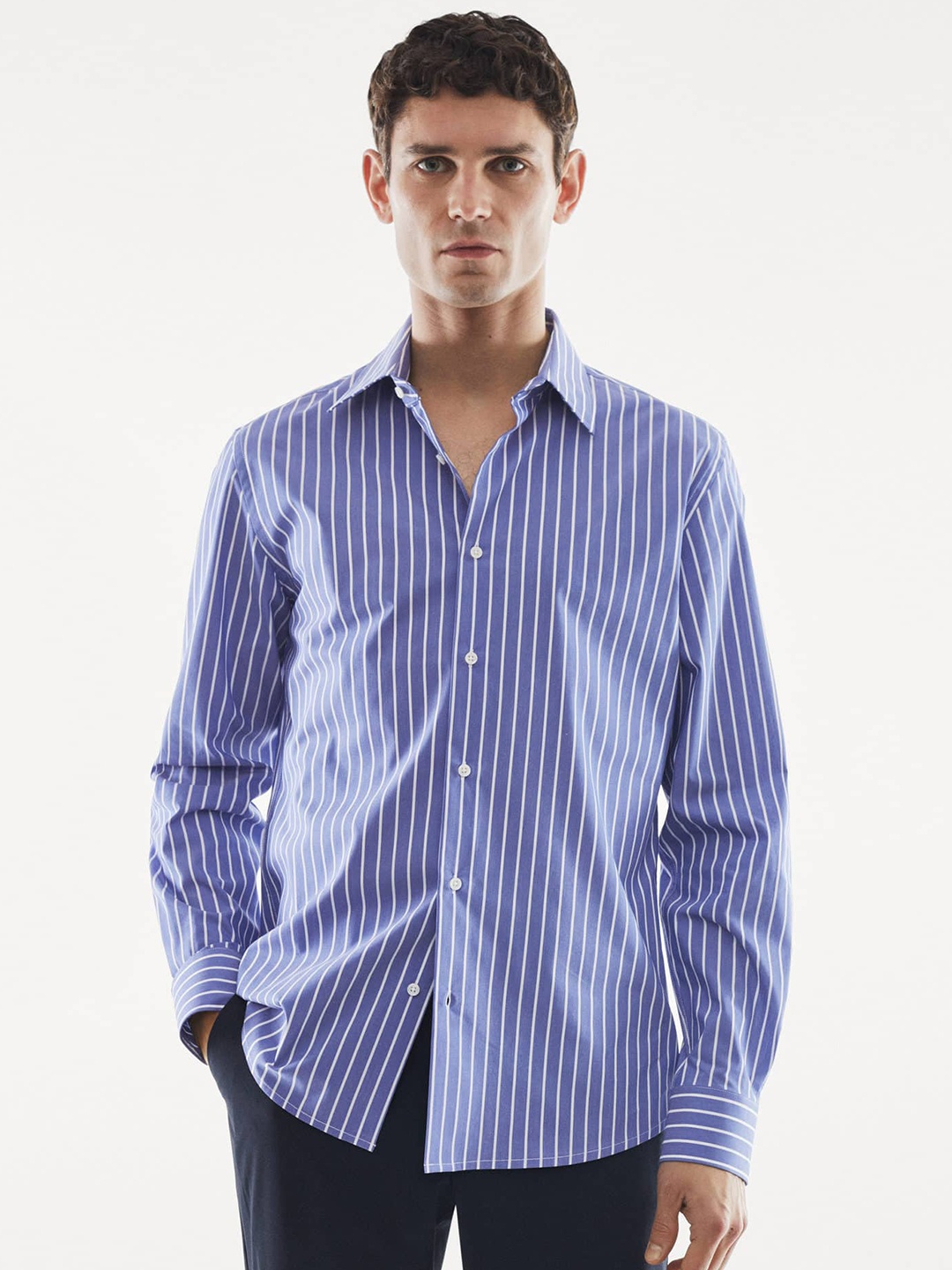 

MANGO MAN Striped Pure Cotton Casual Shirt, Blue