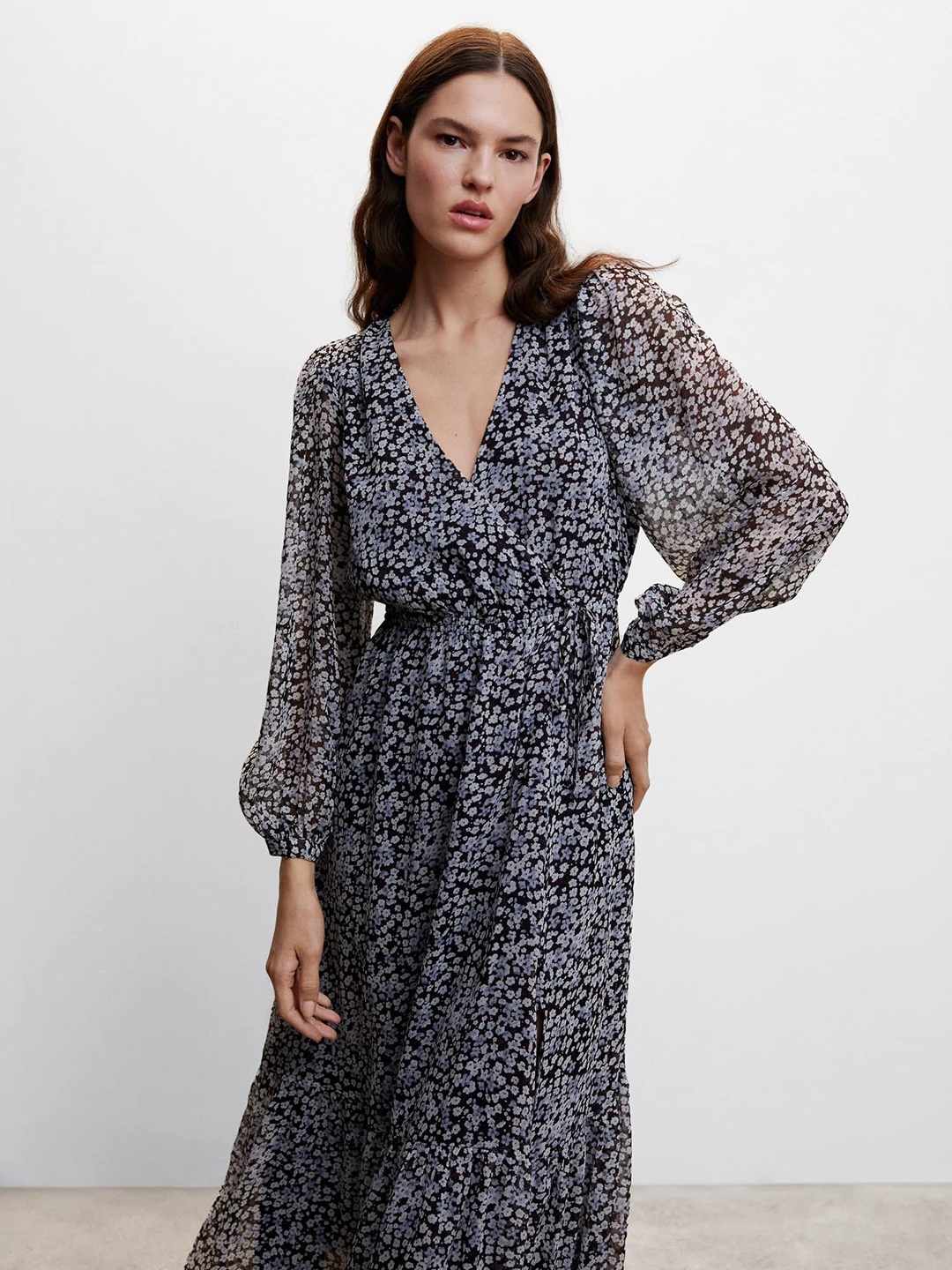 

MANGO Floral Print Puff Sleeves Wrap Midi Dress, Black