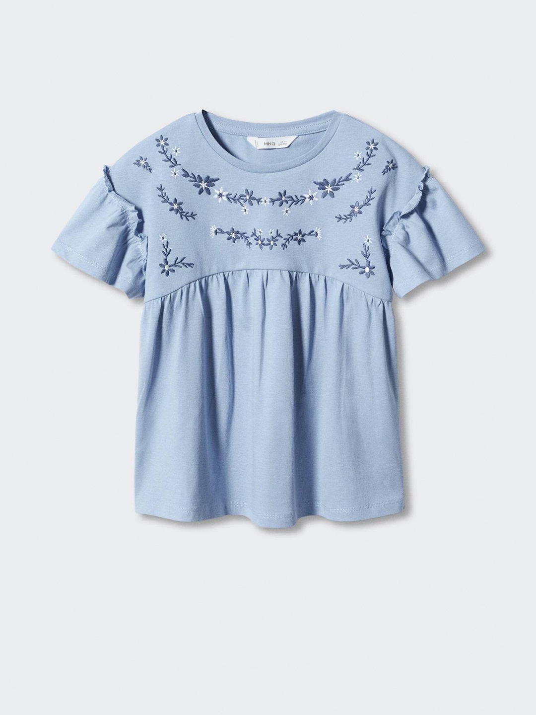 

Mango Kids Girls Pure Cotton Floral Embroidered Flutter Sleeves A-Line Top, Blue