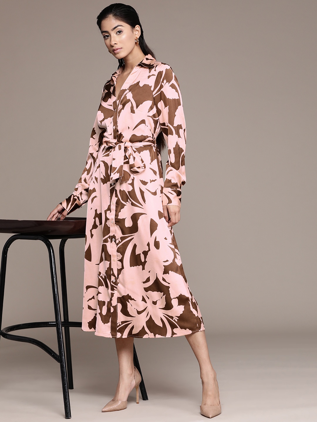 

MANGO Satin Finish Floral Print Shirt Midi Dress with Belt, Peach