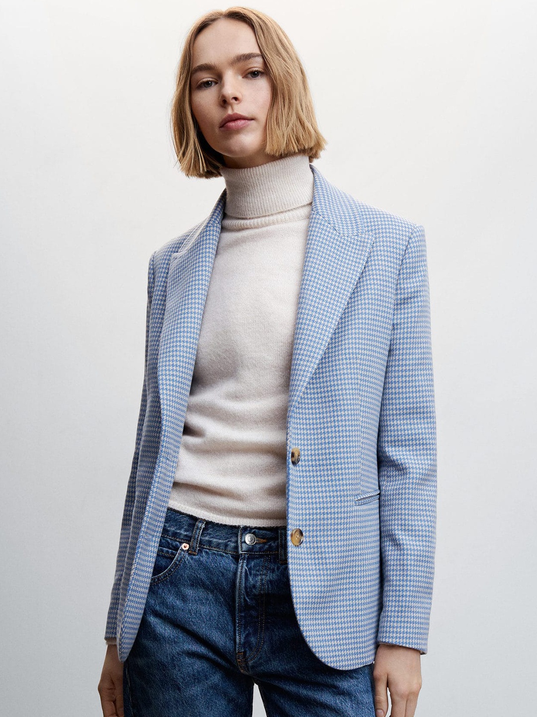 

MANGO Single-Breasted Houndstooth Blazer, Blue