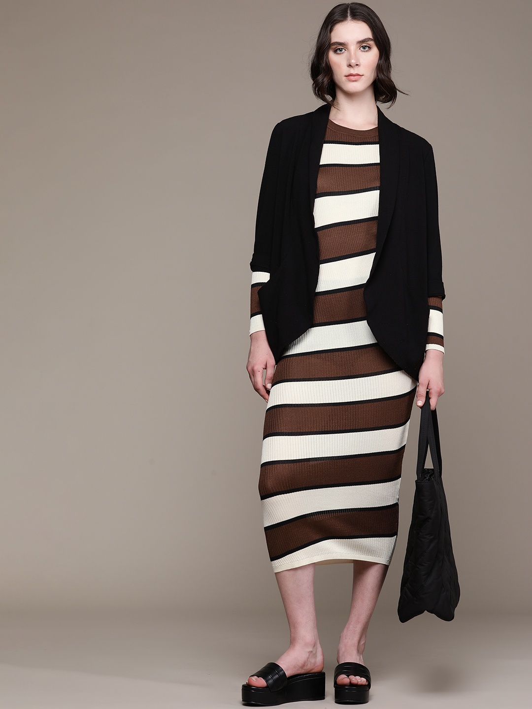 

MANGO Striped Sheath Midi Dress, Brown