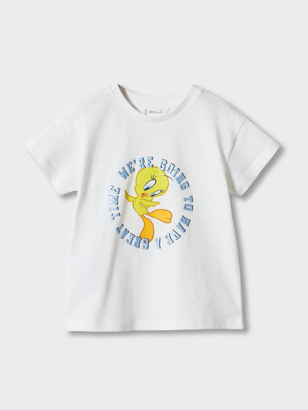 

Mango Kids Girls Tweety Printed Drop-Shoulder Sleeves Pure Cotton T-shirt, White