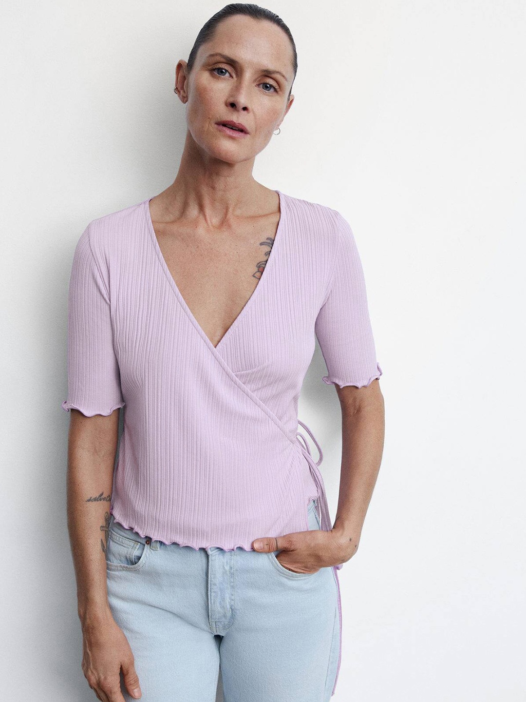 

MANGO Self Striped Wrap Top, Lavender