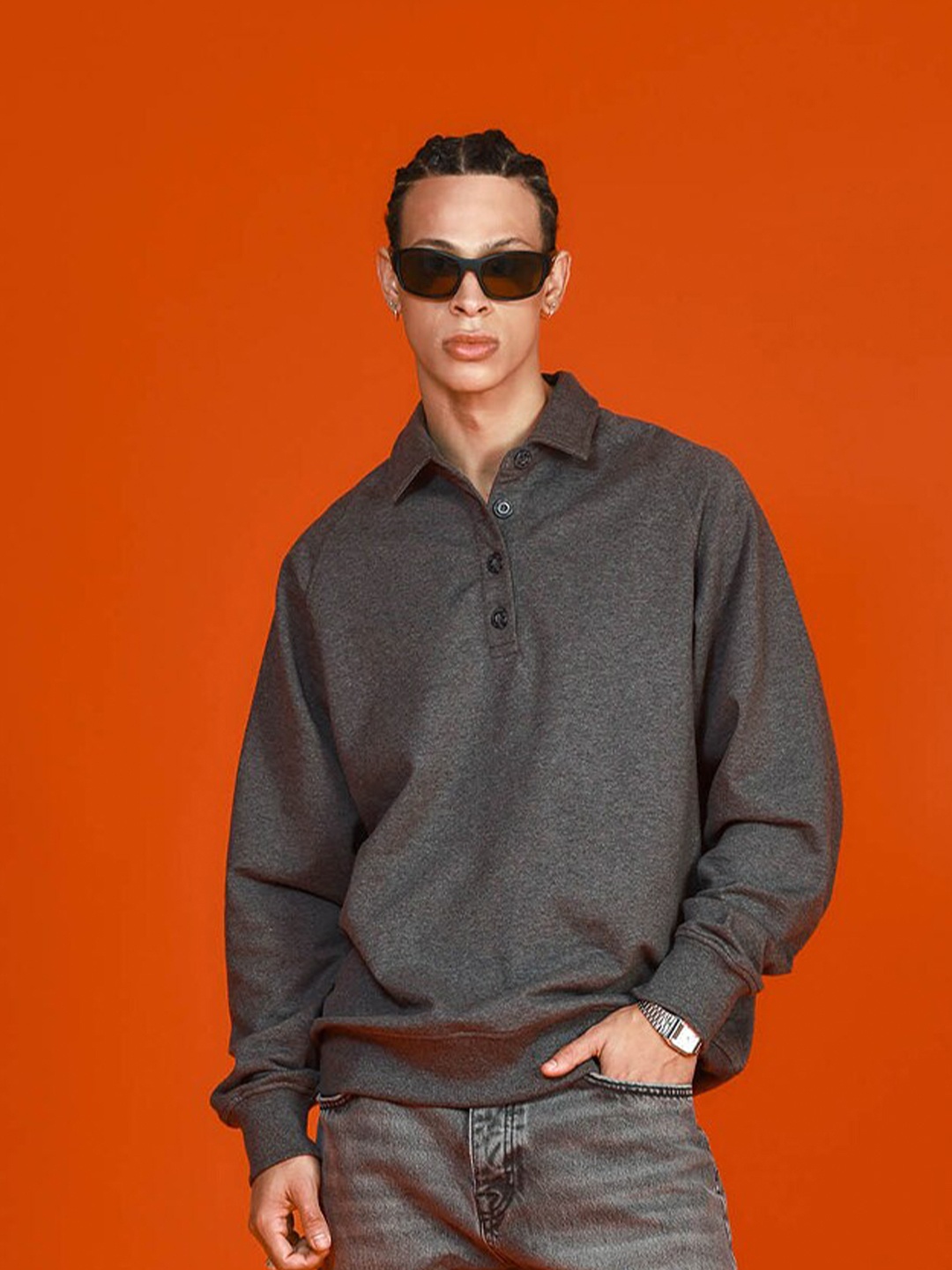 

Bonkers Corner Shirt Collar Cotton Sweatshirt, Grey