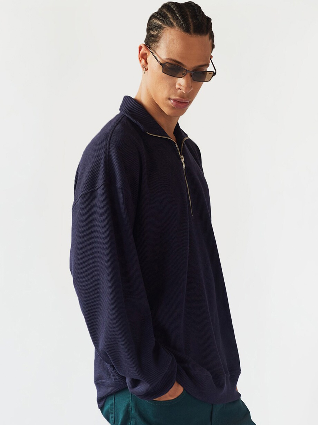 

Bonkers Corner Unisex Blue Mock Collar Half Zipper Cotton Sweatshirt