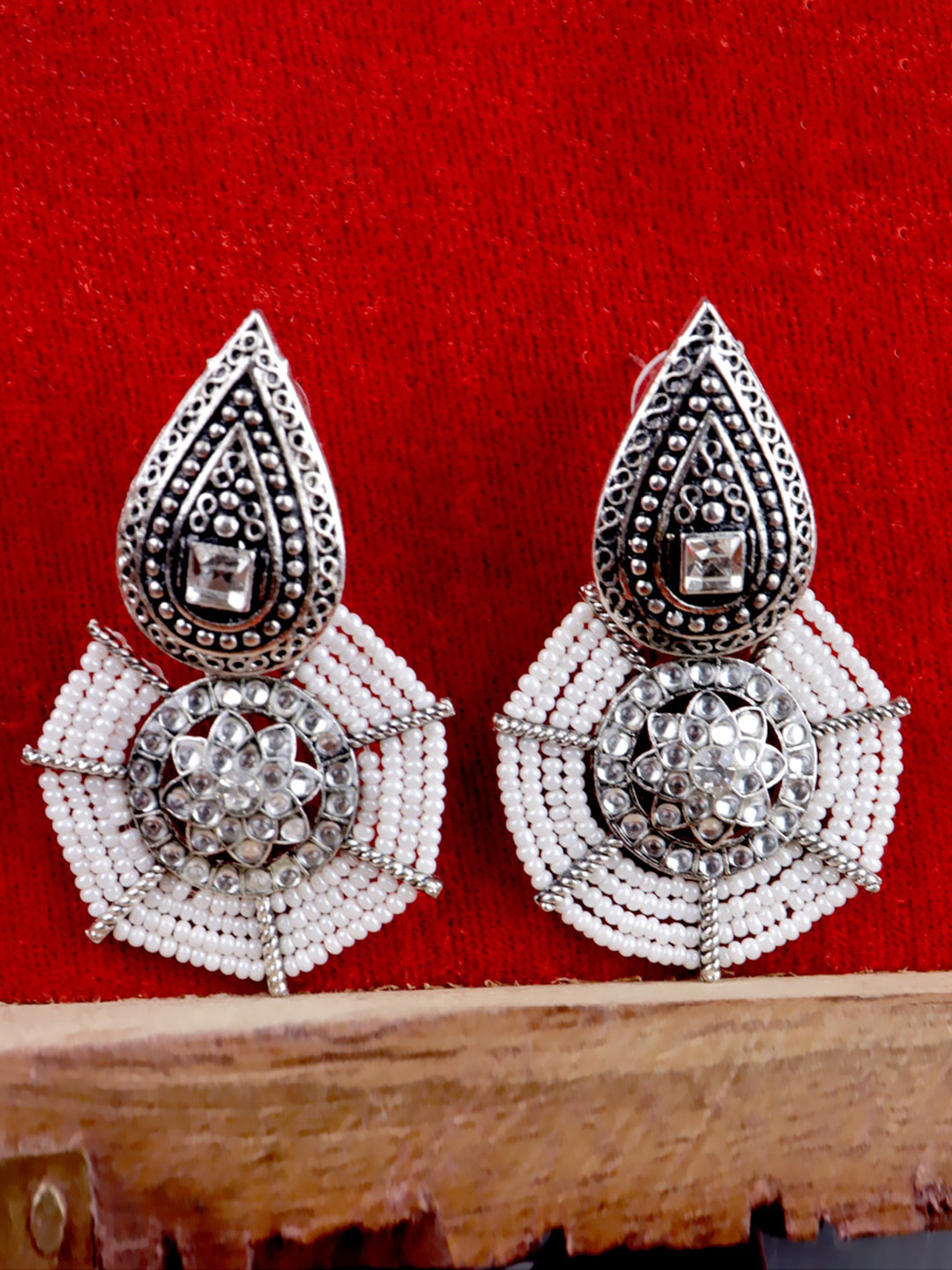 

Krelin Silver-Plated Oxidized Stone-Studded & Beaded Teardrop Shaped Drop Earrings, White