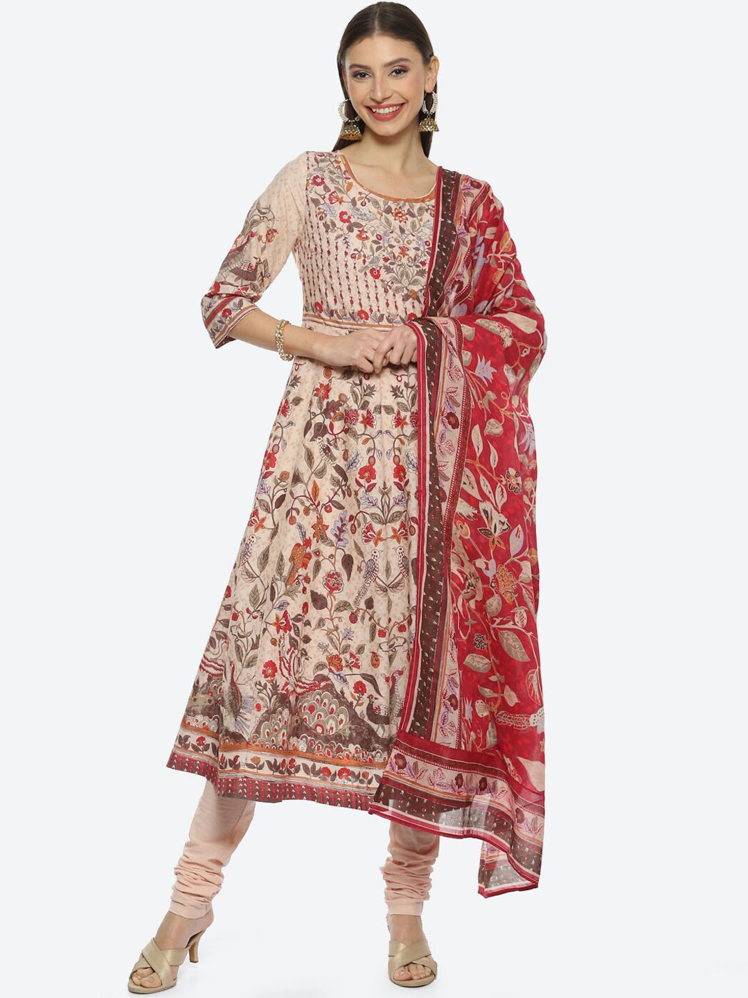 

Biba Plus Size Floral Printed Anarkali Kurta with Churidar & Dupatta, Beige