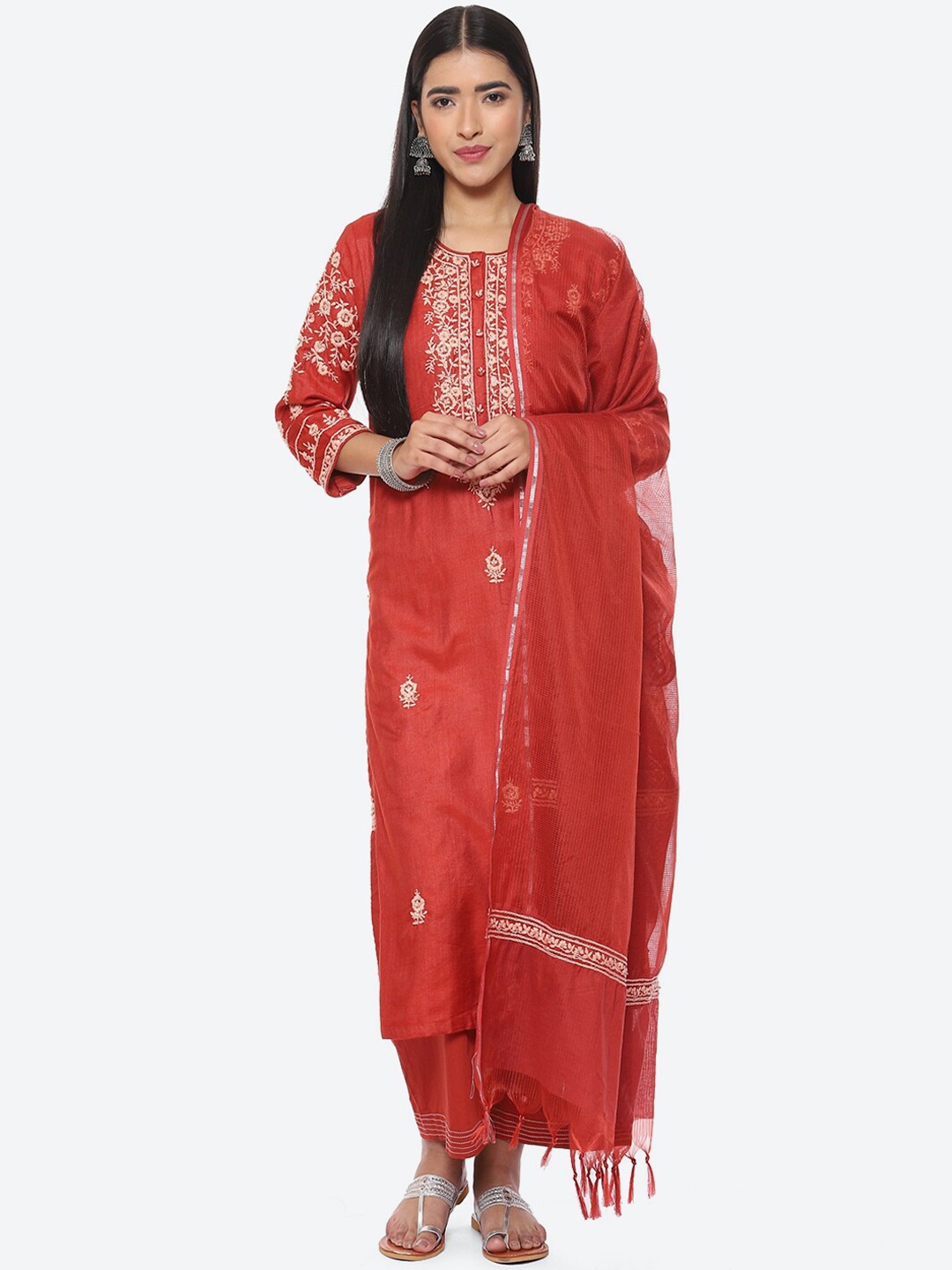 

Biba Floral Embroidered Straight Kurta with Palazzos & Dupatta, Rust