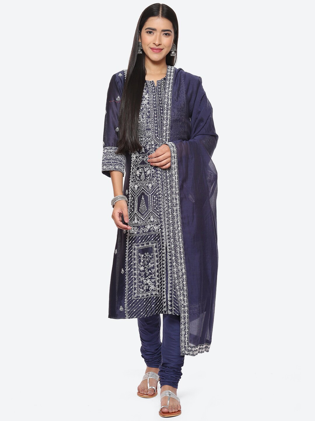 

Biba Ethnic Motifs Embroidered Straight Kurta with Churidar & Dupatta, Navy blue
