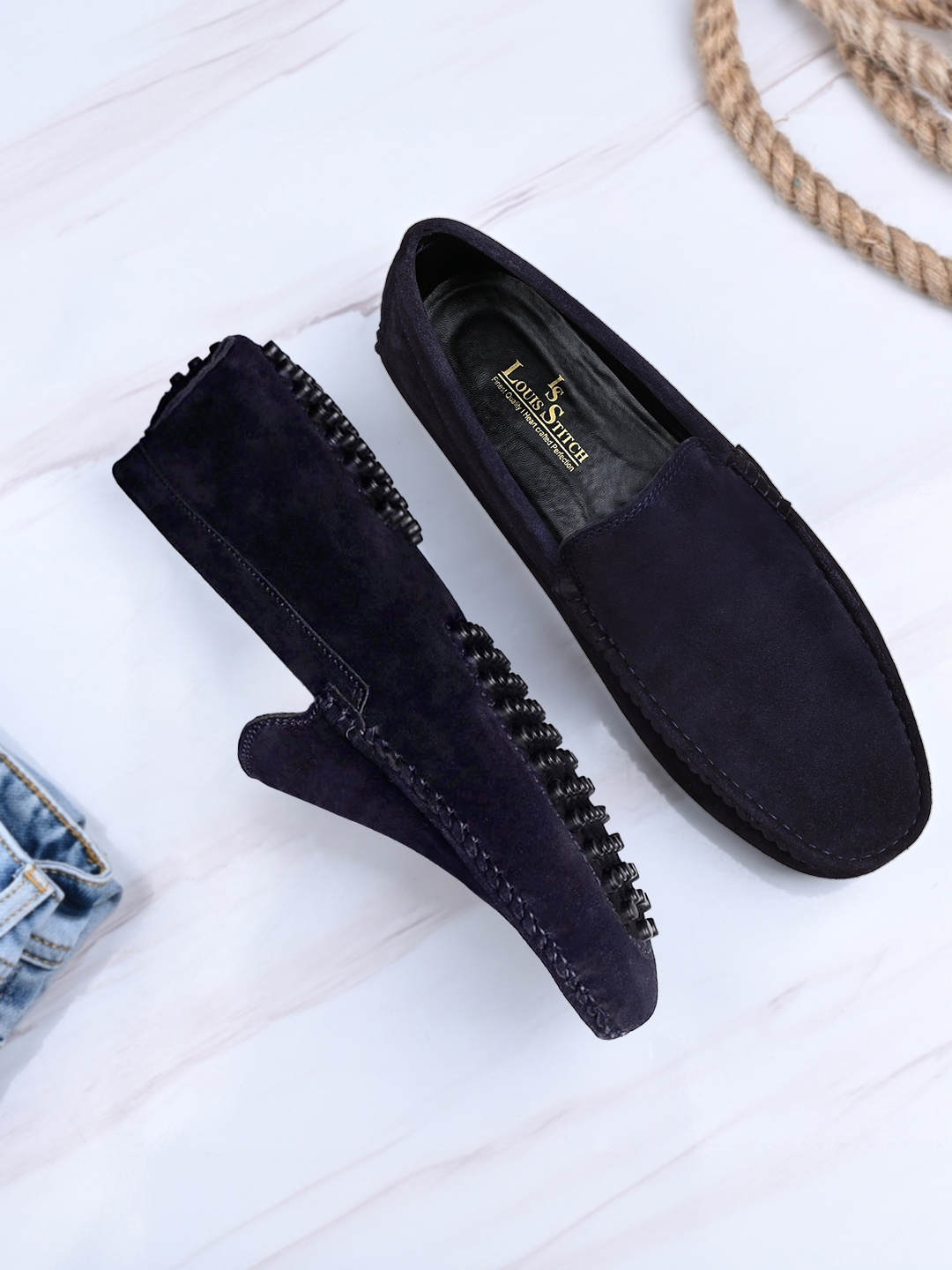 

LOUIS STITCH Men Prussian Blue Italian Suede Leather Driving Loafers