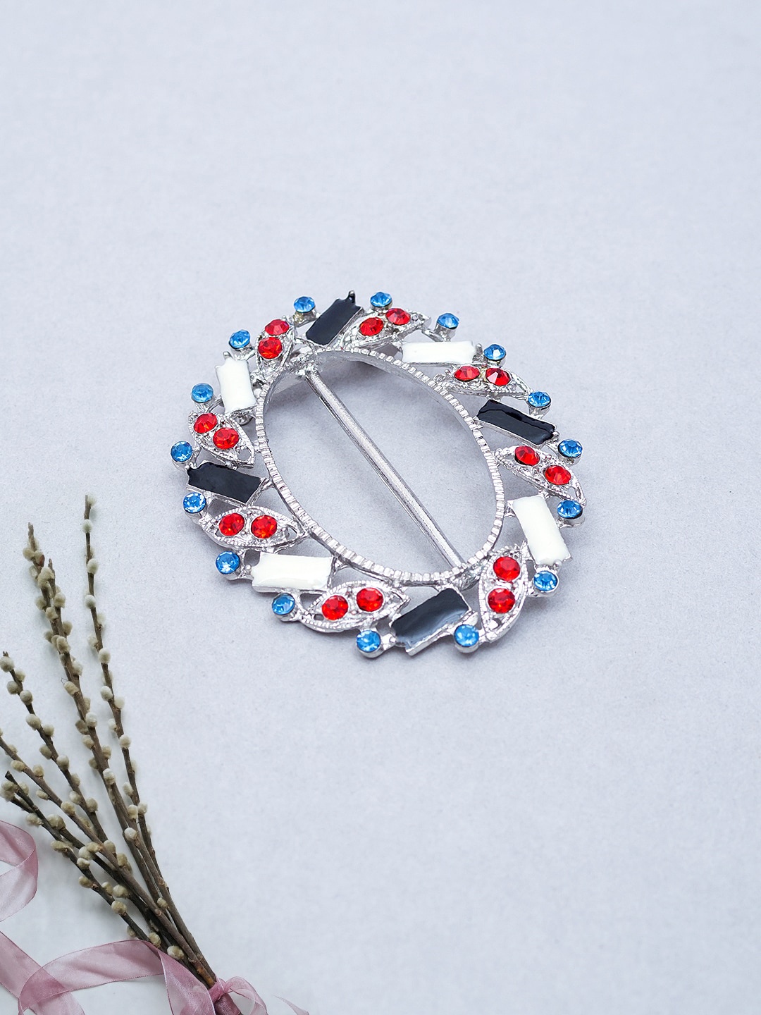 

Golden Peacock Silver-Plated CZ Stone-Studded Brooch, Red