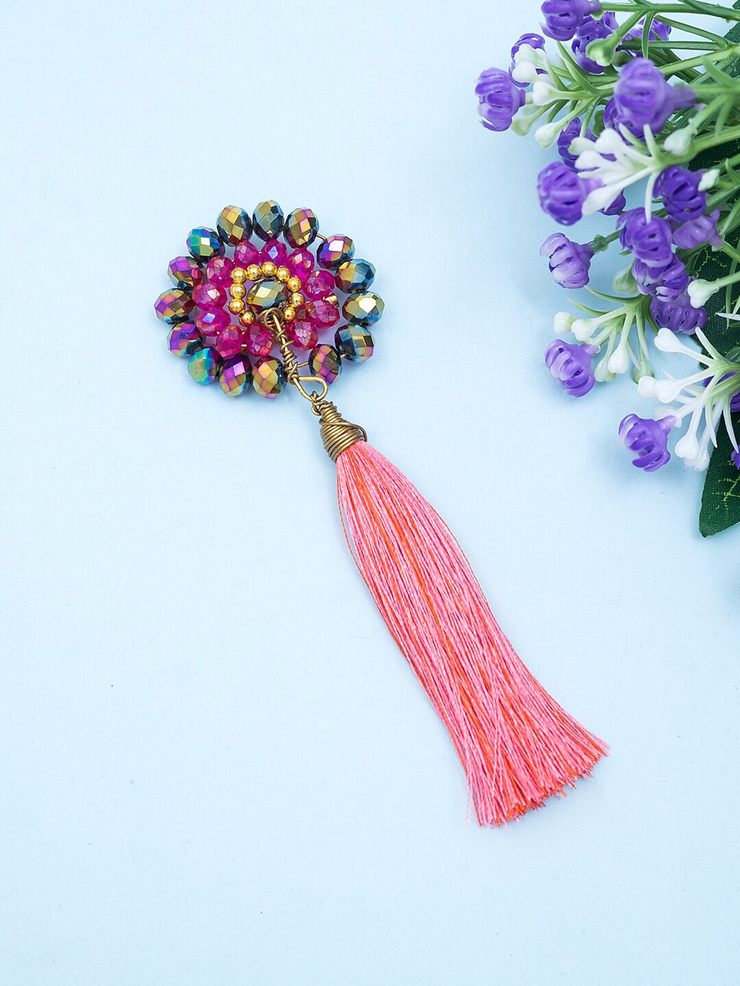 

Golden Peacock Women Gold-Plated Beaded Floral- Shaped Brooch, Pink