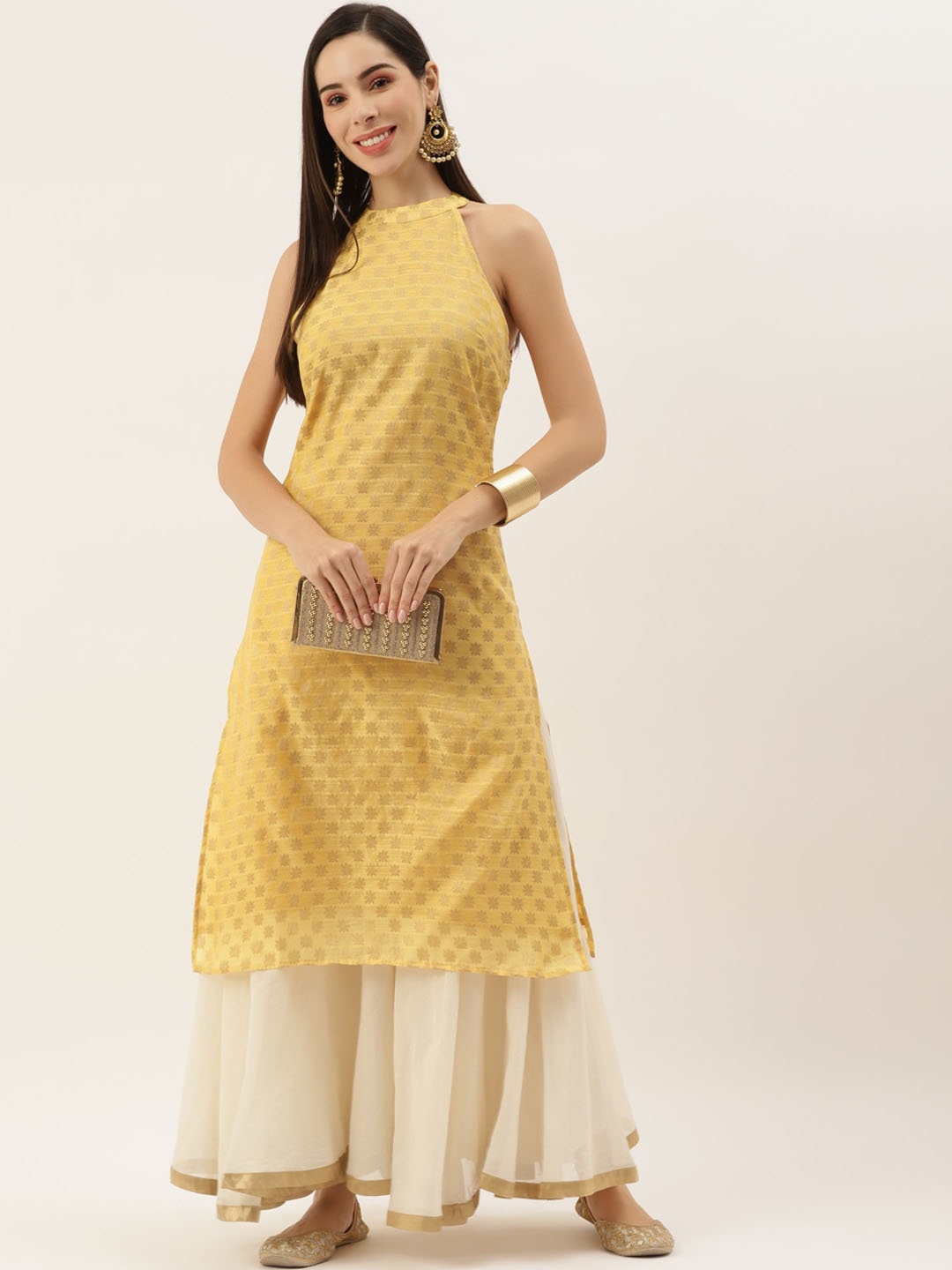 

Sangria Ethnic Motif Woven Design Jacquard A-Line Kurta, Yellow