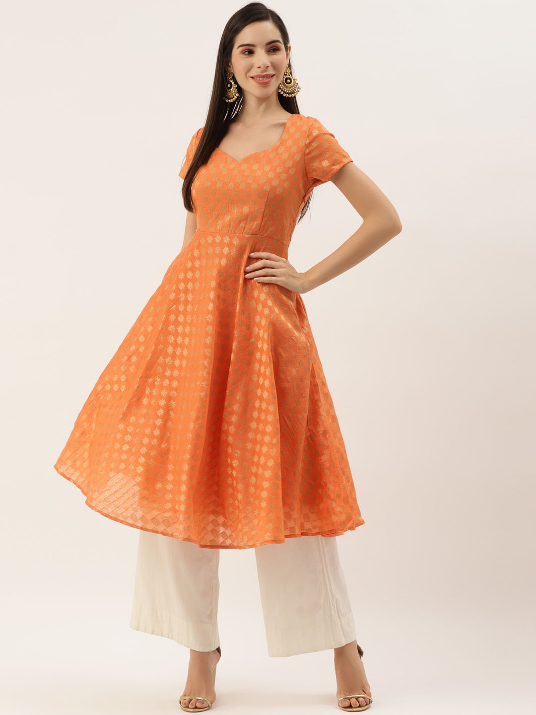 

Sangria Ethnic Motifs Woven design A-Line Kurta, Orange